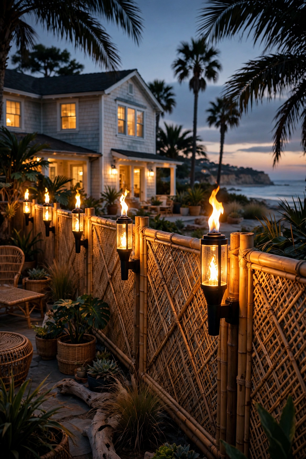 LED flame torches glowing along a coastal backyard fence at dusk