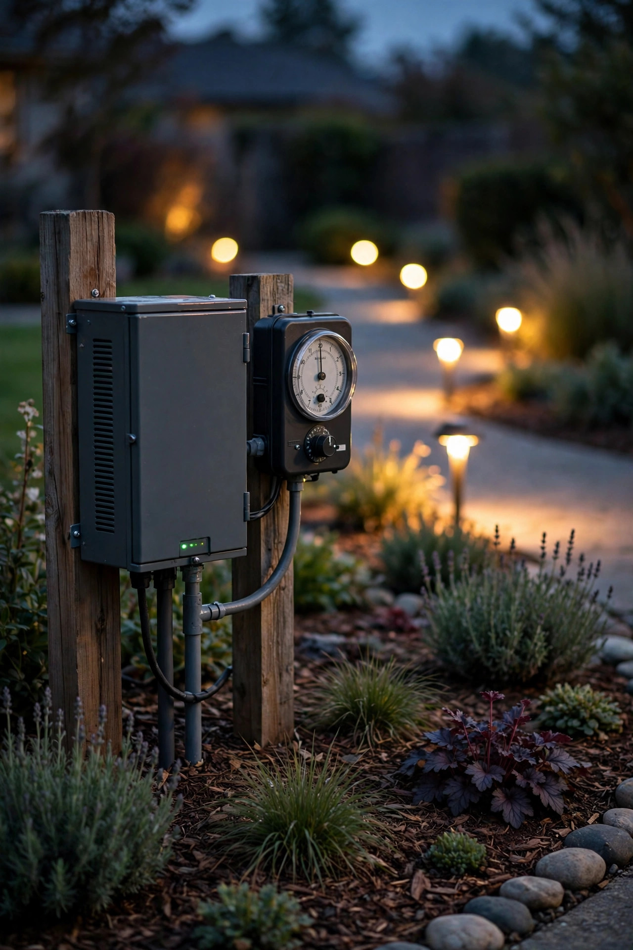 Low-voltage landscape lighting transformer with an astronomical timer glowing at dusk beside a tidy front bed