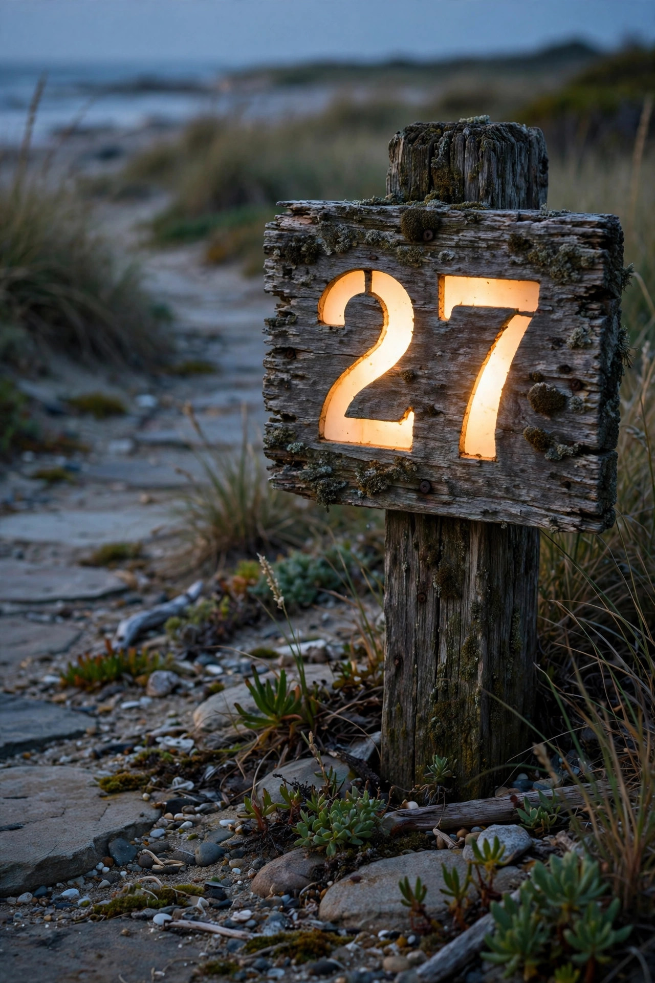 Backlit house numbers on a weathered wood plaque glowing beside a coastal front walkway