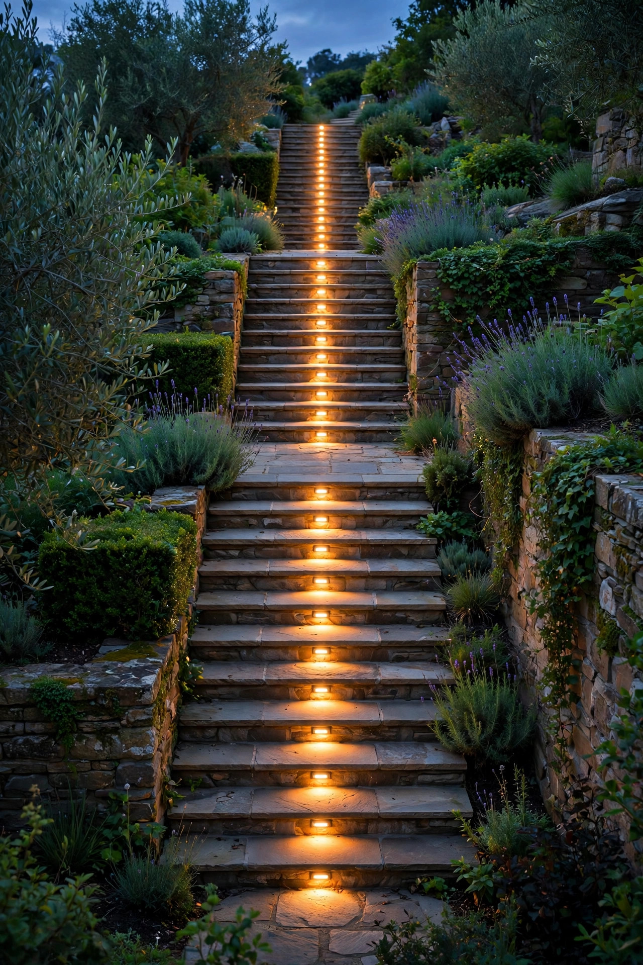 Long garden staircase with recessed step lights glowing evenly from top to bottom on a low-voltage run at dusk