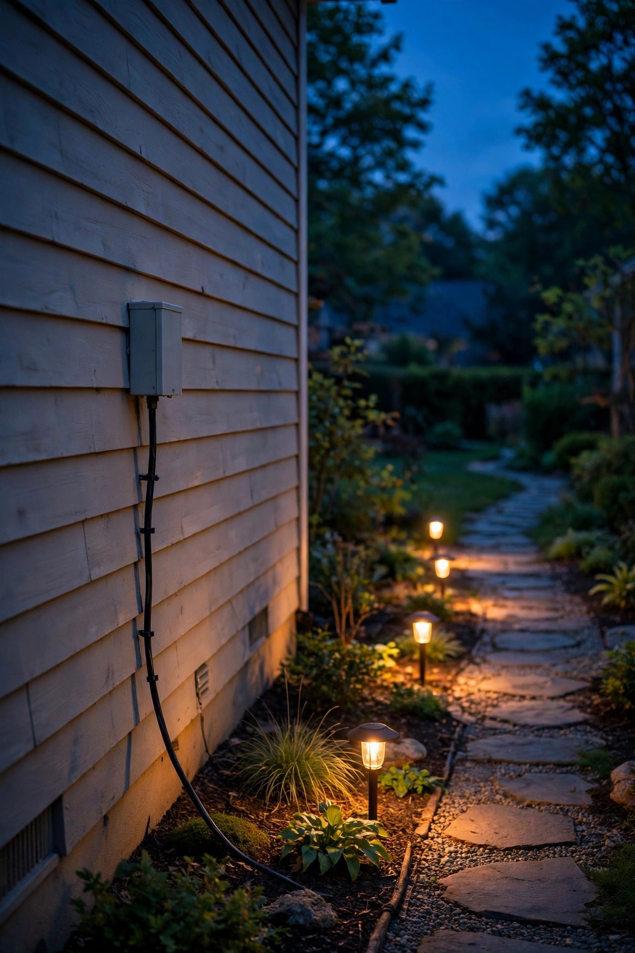 Low-voltage cable and small transformer mounted on a house wall beside a side yard path with warm path lights glowing along it at dusk