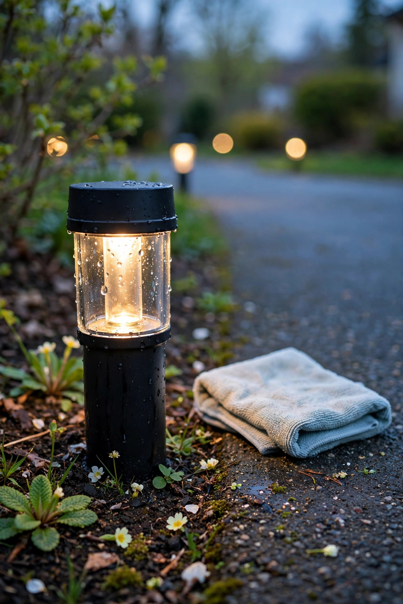 Spring maintenance check on driveway path lights at dusk, straightening a fixture and wiping a lens