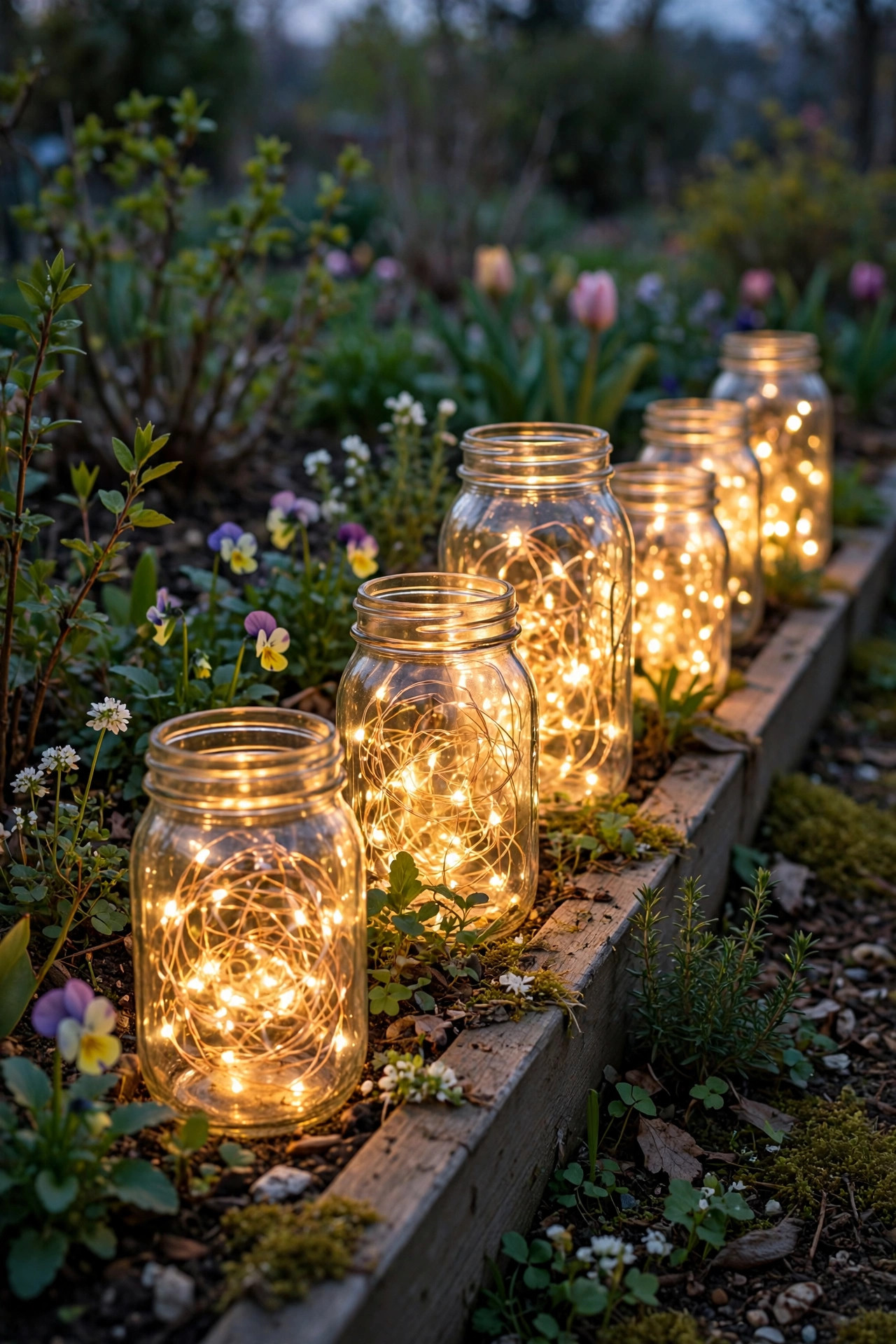 Mason jars filled with warm solar fairy lights glowing along the edge of a spring garden bed