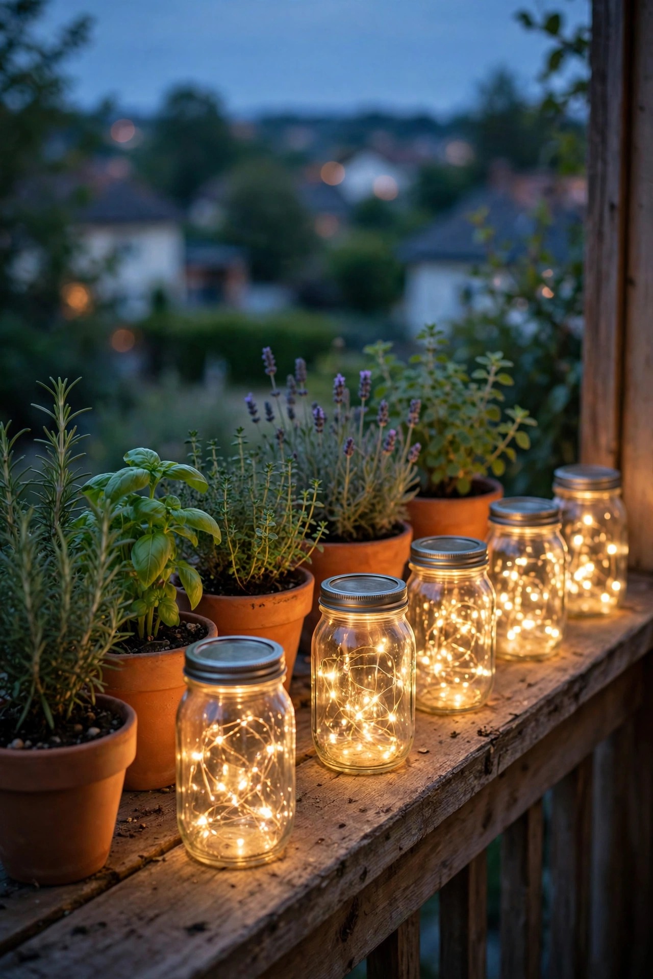 Mason jar lights glowing along a balcony ledge beside potted herbs at dusk