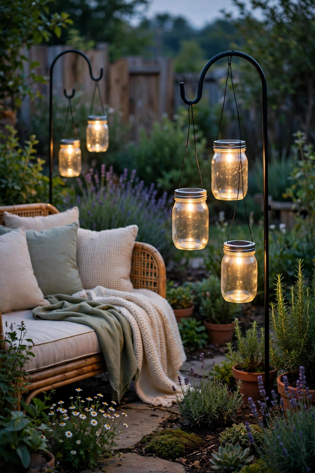 Solar mason jar lights hanging from shepherd hooks beside a garden daybed