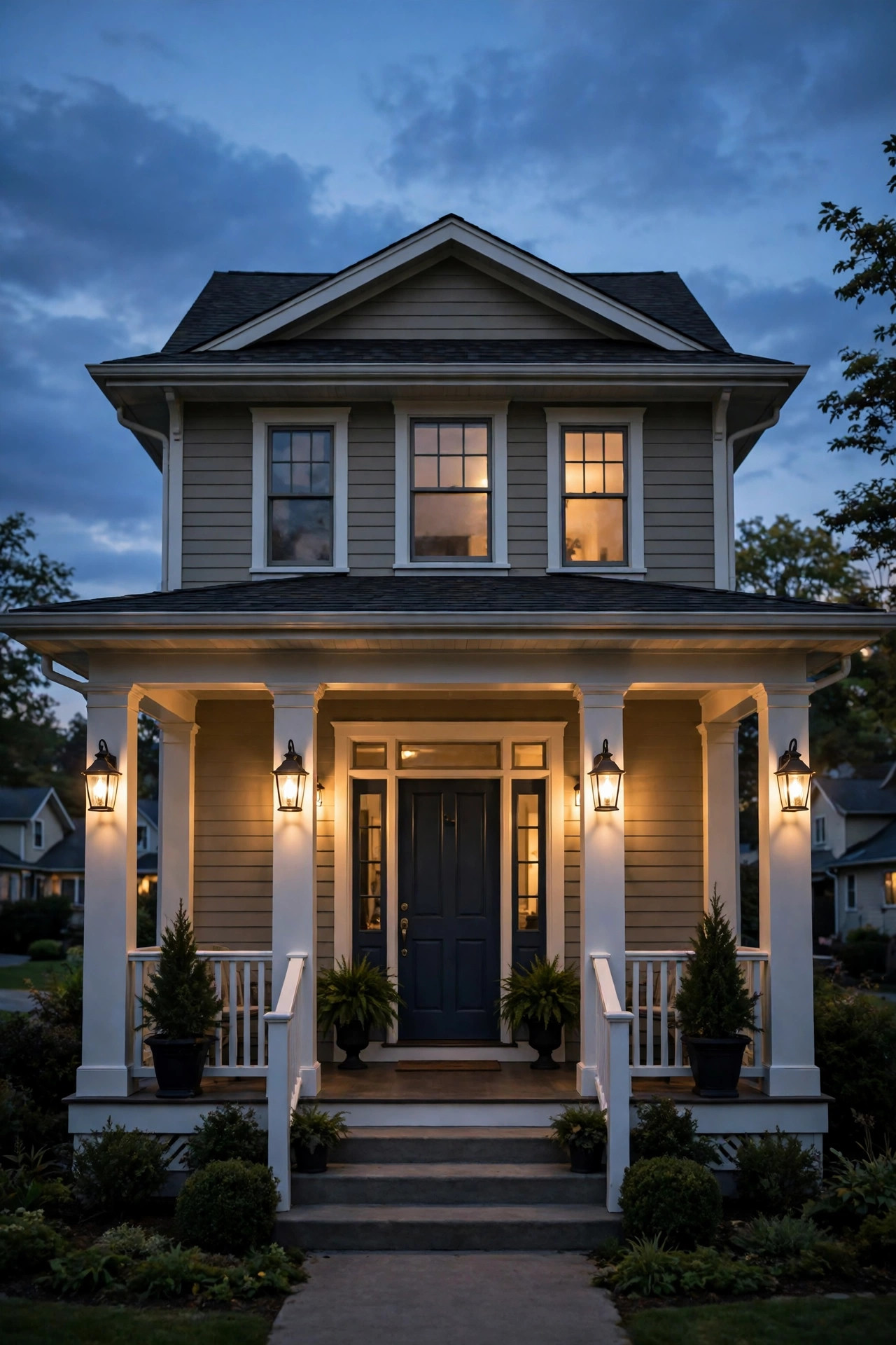 Matching lantern fixtures mounted at identical heights on every porch column, symmetrical evening view