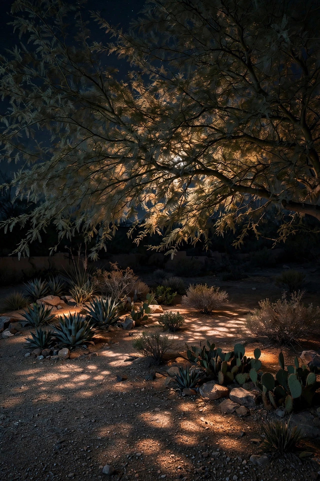 Soft moonlight-style glow filtering down through a mesquite tree canopy onto a gravel front yard at night, dappled light pools beside desert plantings