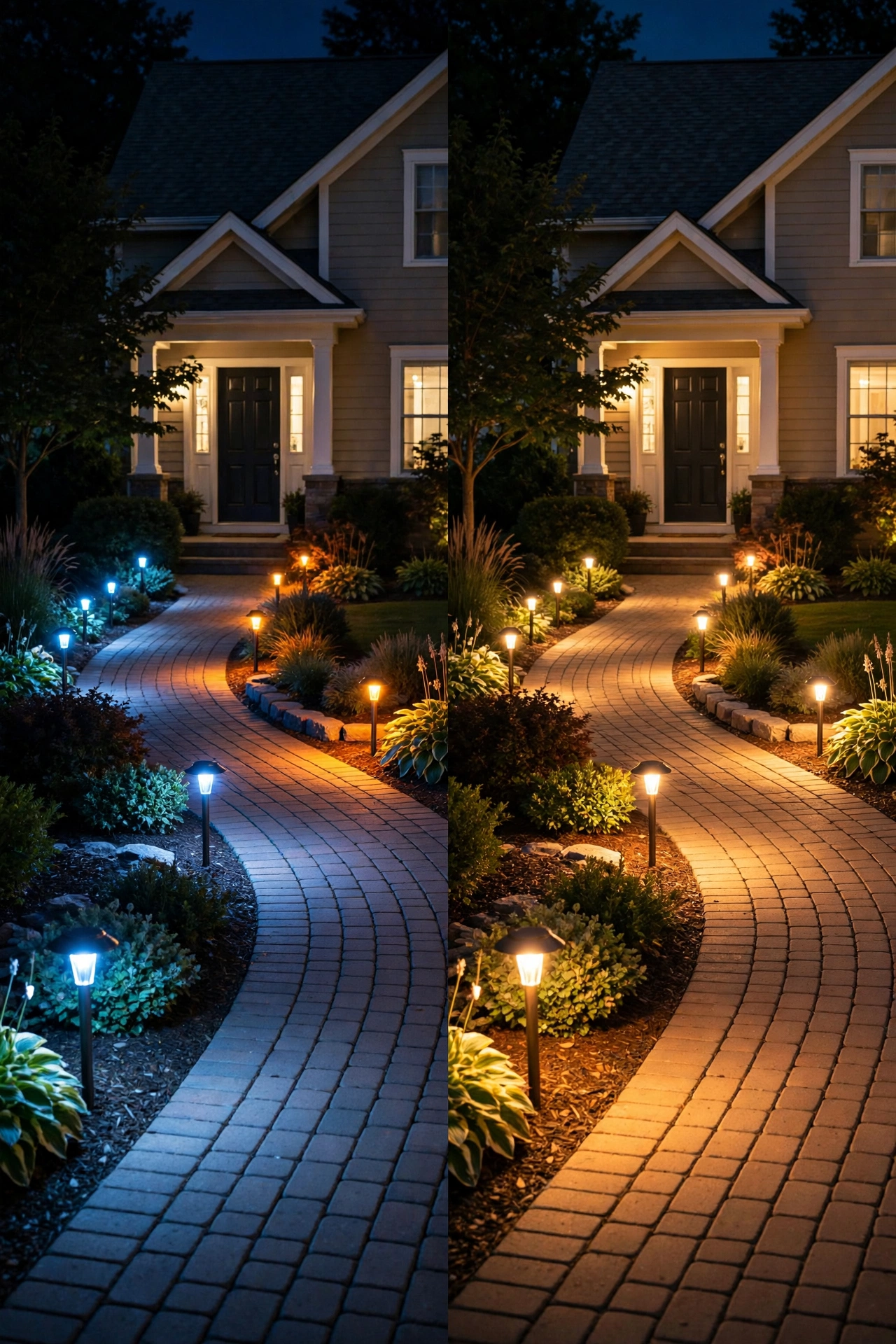 Side-by-side comparison of a porch with mismatched versus matched outdoor light color temperature bulbs at dusk