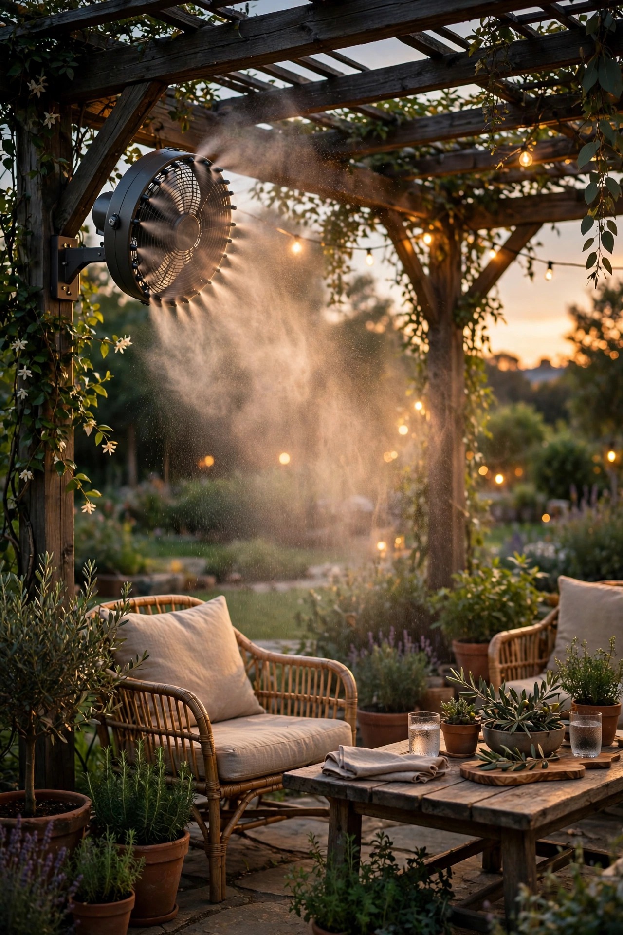 Misting fan cooling a pergola seating area on a hot dry summer afternoon