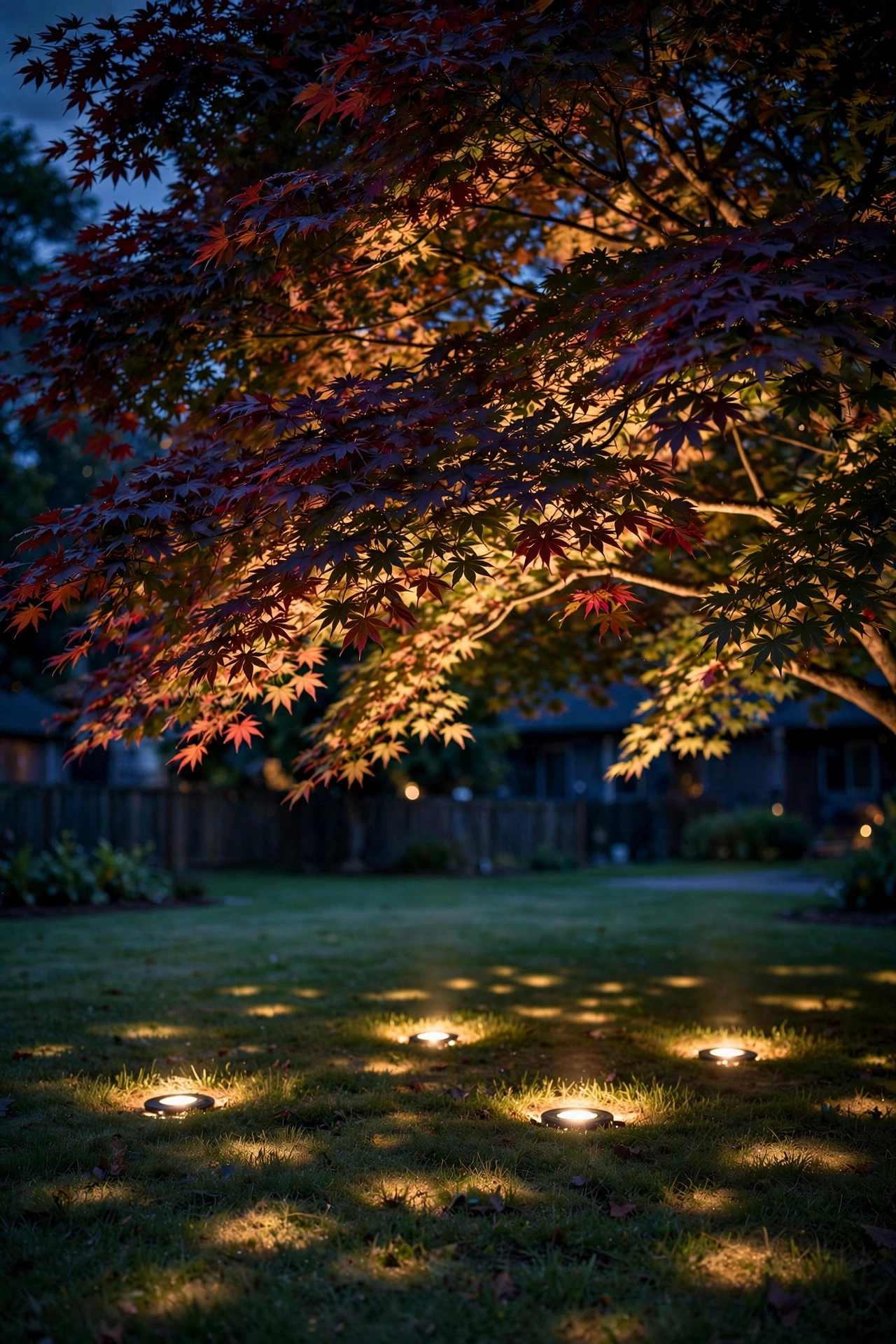 In ground well lights landscape creating dappled moonlight effect through tree canopy onto lawn