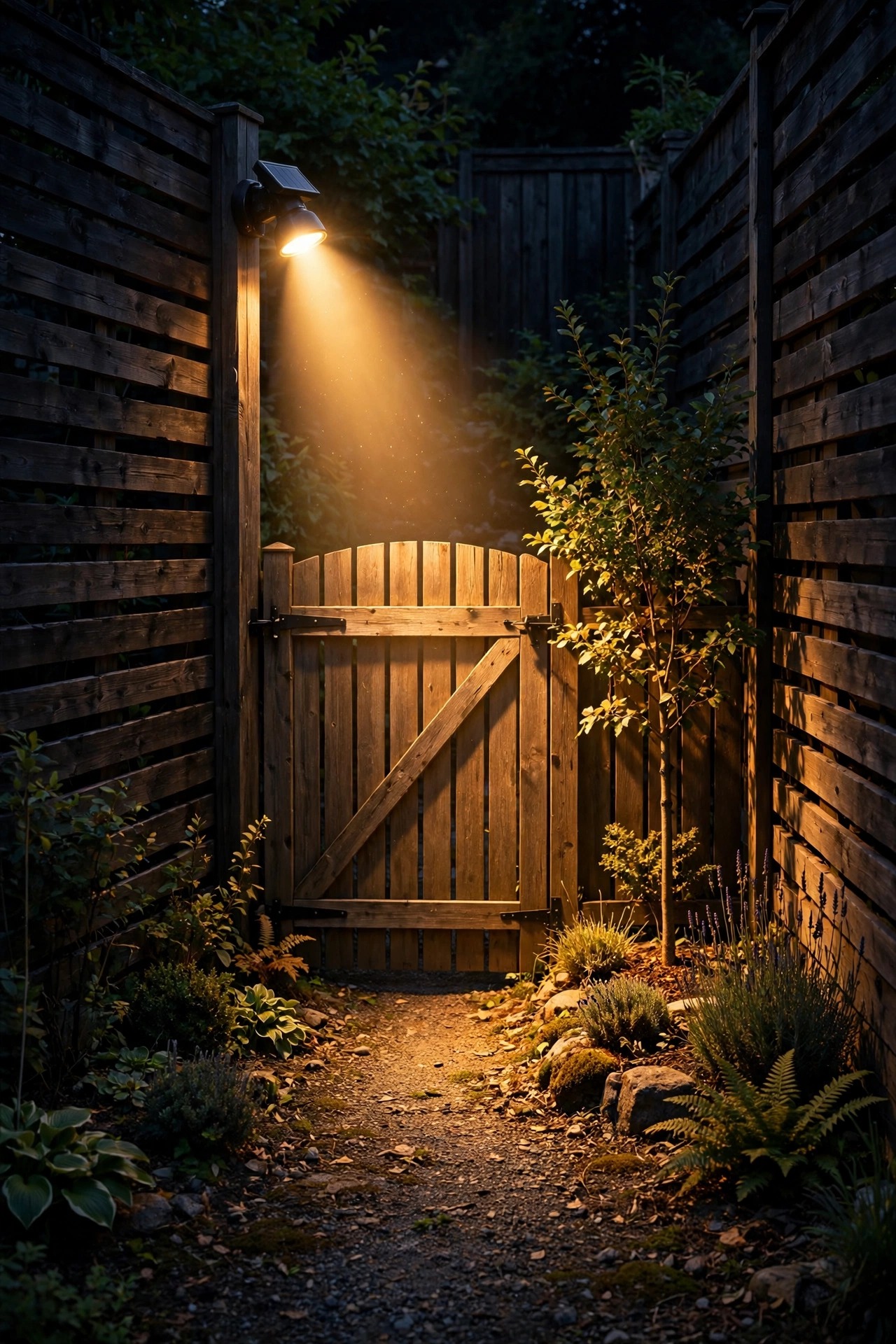 Photorealistic side yard at night with a motion-activated solar spotlight shining brightly over a garden gate and a small tree, warm burst of light against the dark fence line