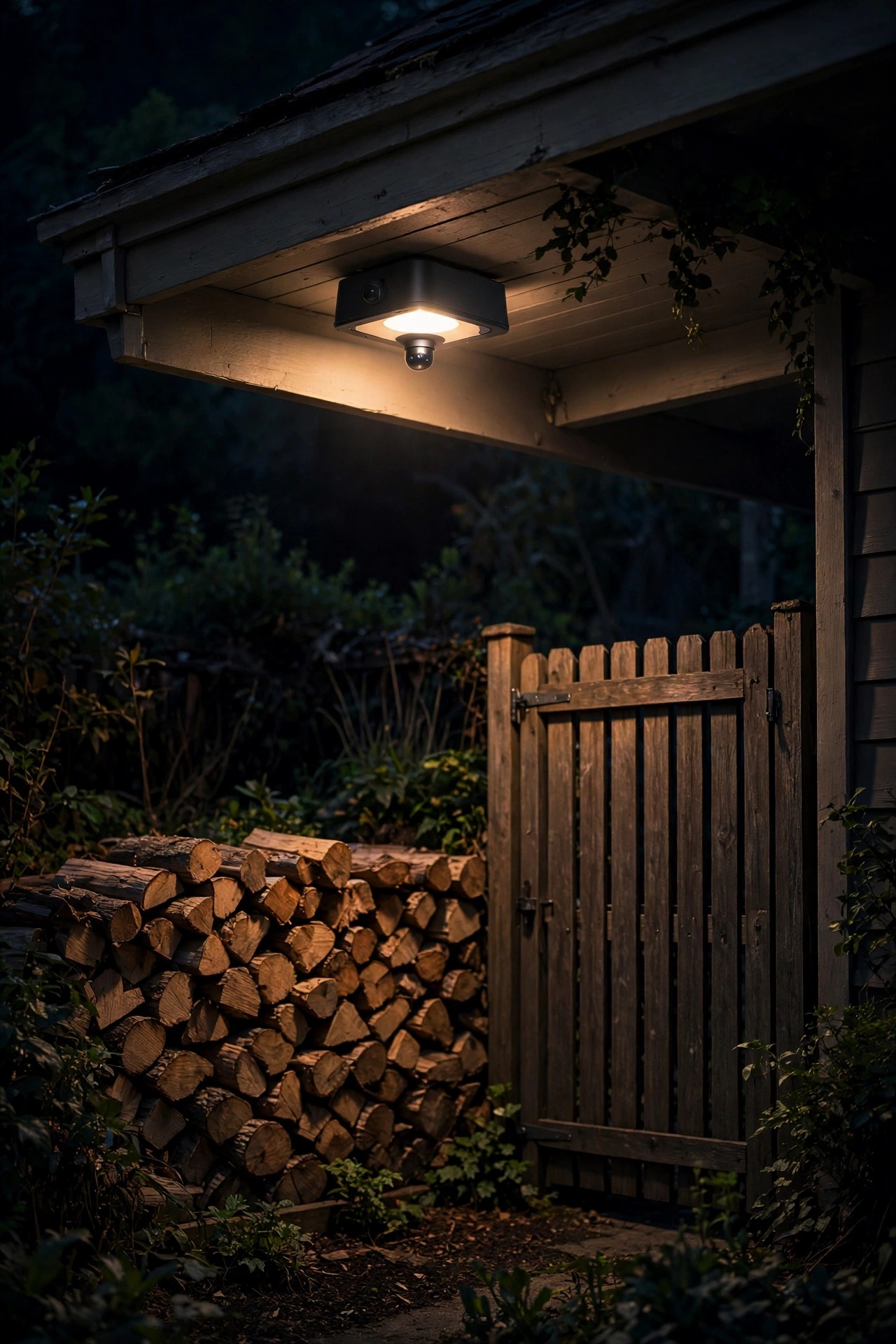 Smart floodlight with motion sensor softly lighting a backyard side gate and woodpile at night