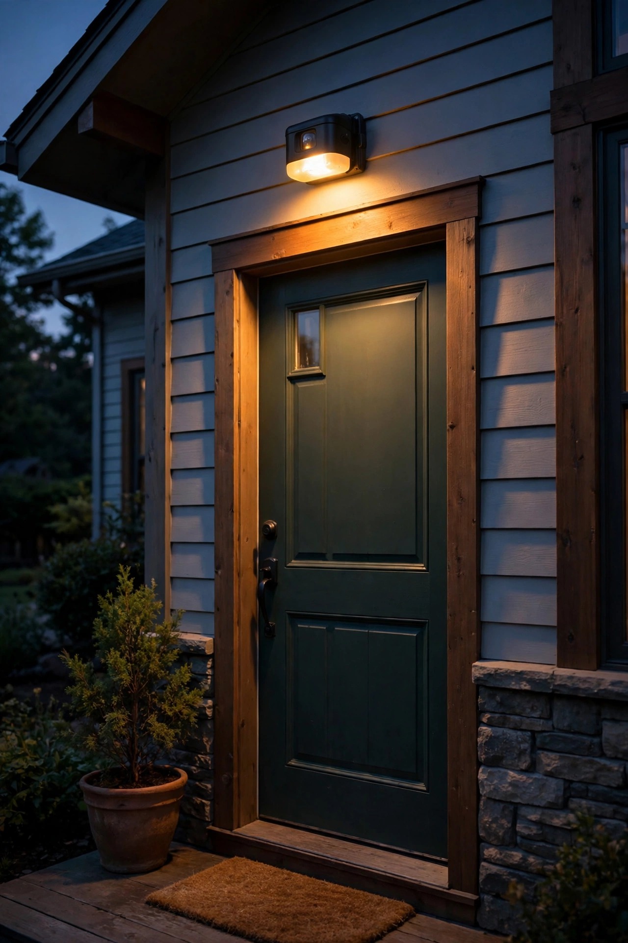 Battery powered motion sensor light glowing above a side door on a house porch at dusk, photorealistic