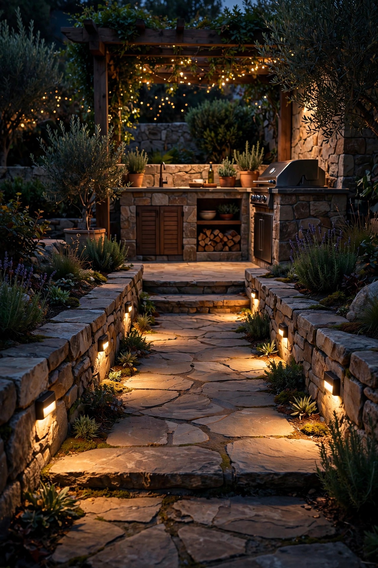 Warm motion sensor step lights illuminating the path to a small outdoor kitchen at night