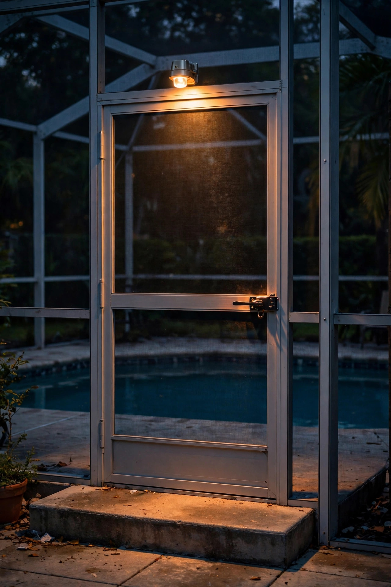 Small motion sensor light glowing above a screen door on a pool cage at night, lighting the latch and step