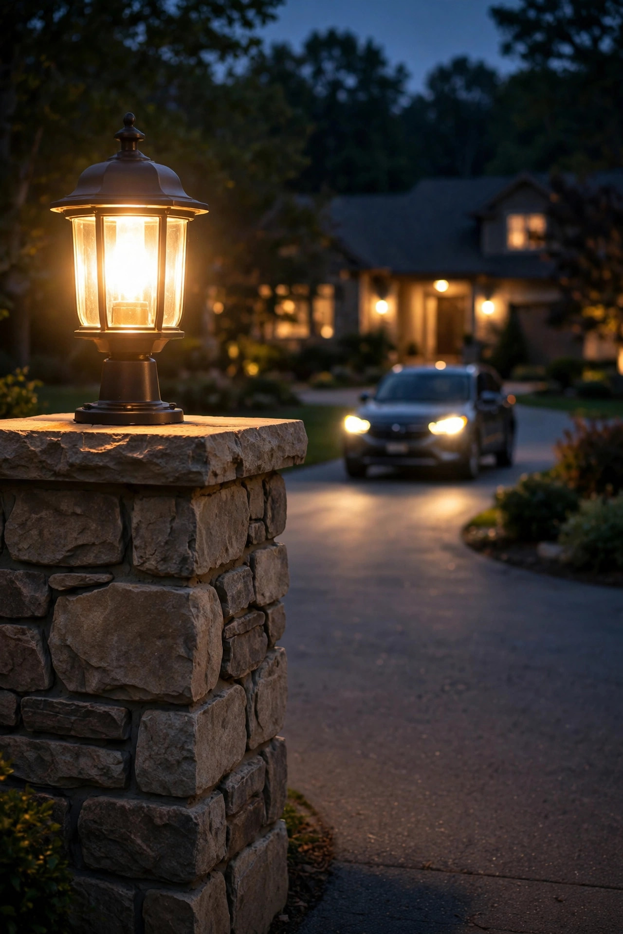 Driveway entrance pillar with a motion-sensor lantern brightening as a car approaches at night