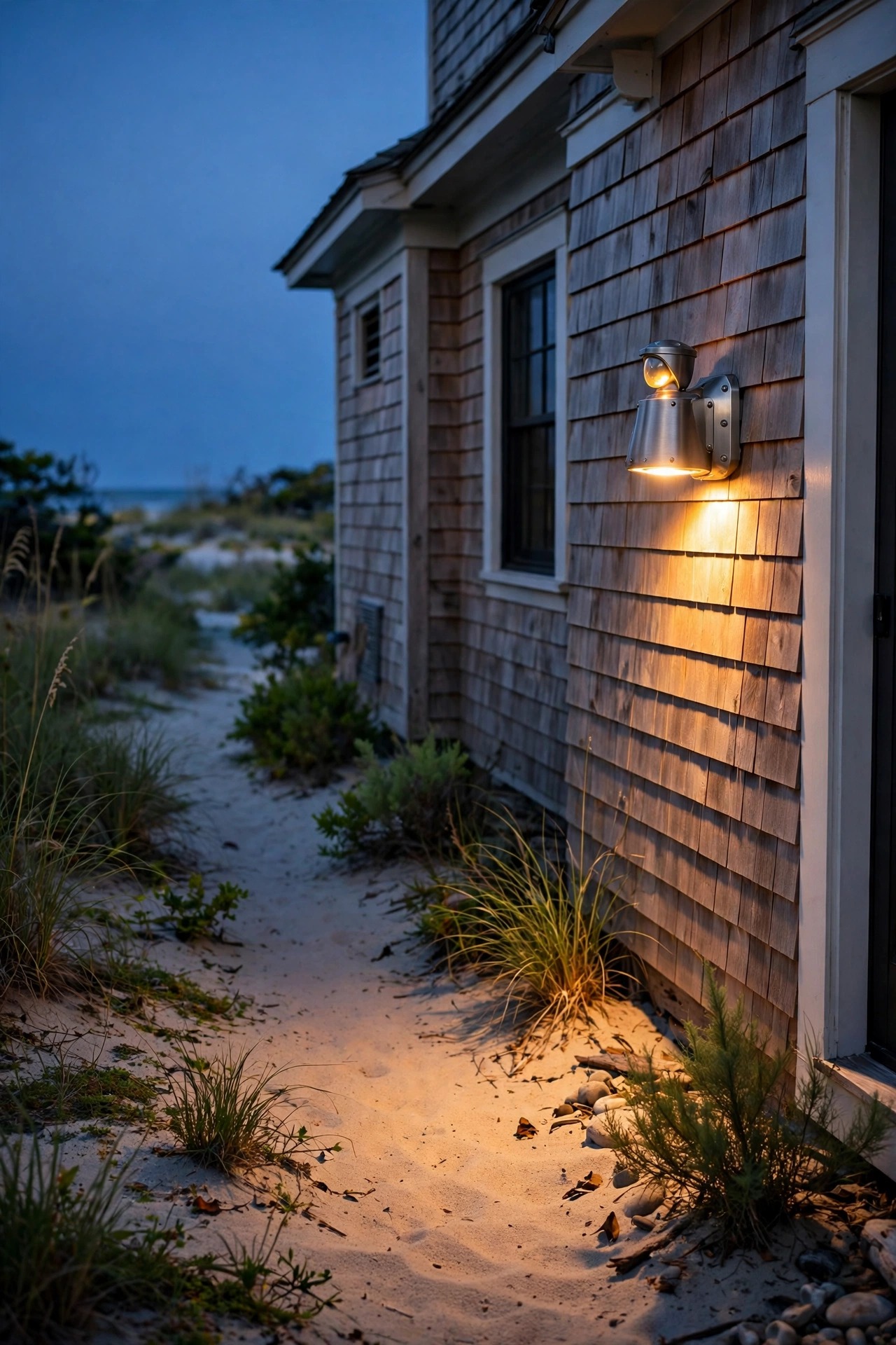 Marine grade motion sensor light illuminating a sandy side path beside a beach house