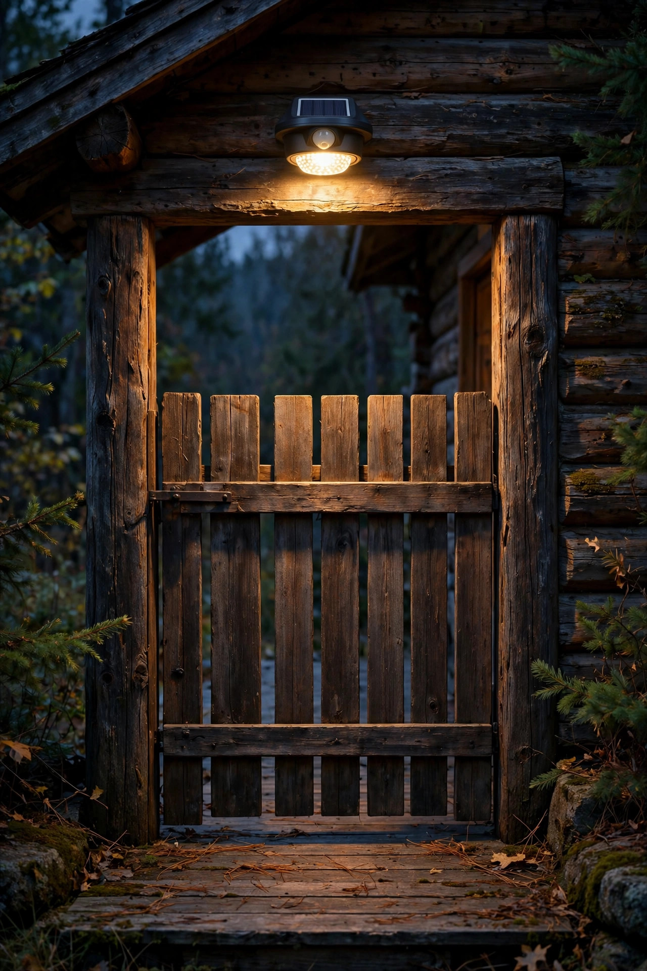 Solar motion-sensor light mounted above a wooden cabin deck gate at dusk