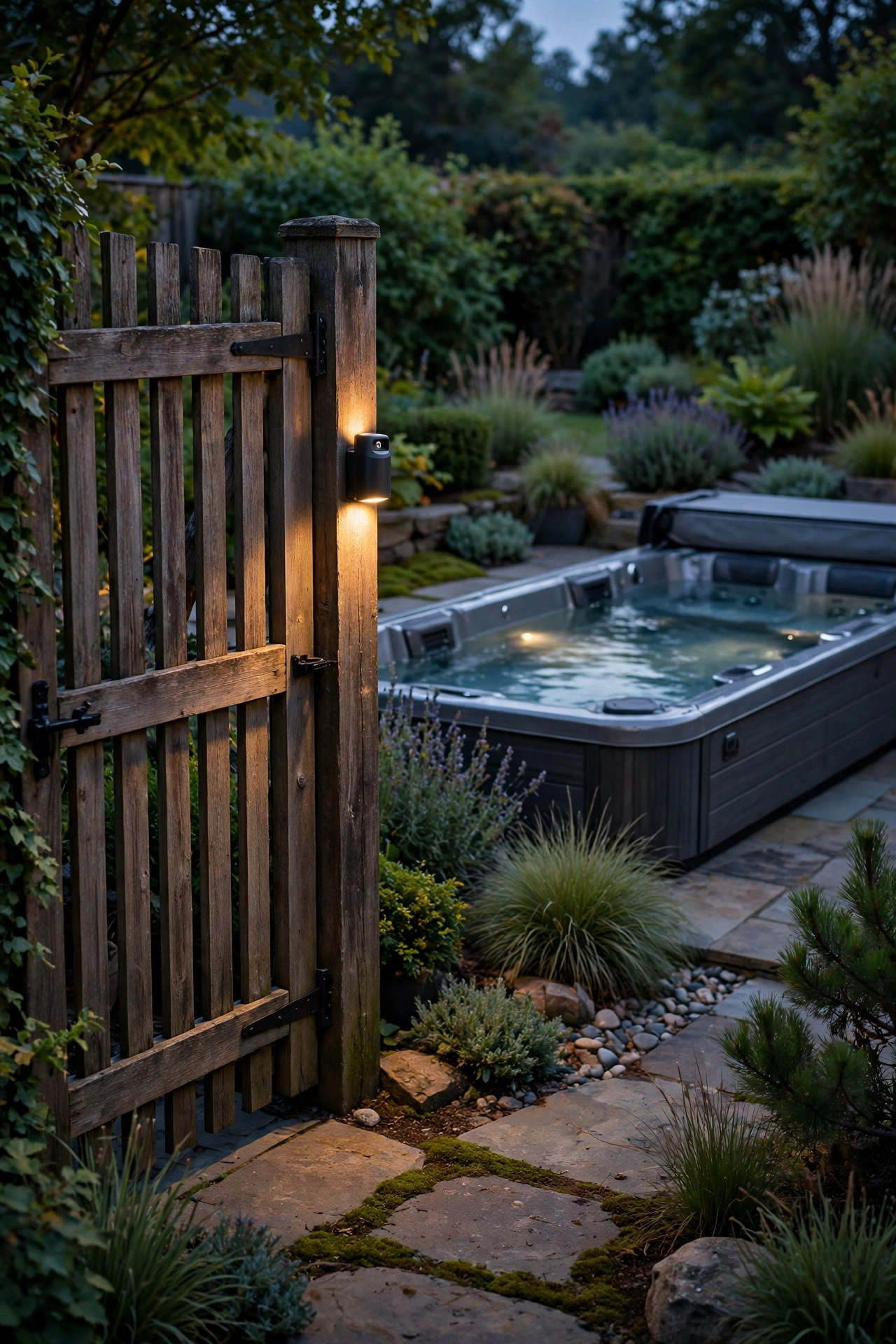 Discreet motion-sensor light glowing softly beside a garden gate near a swim spa