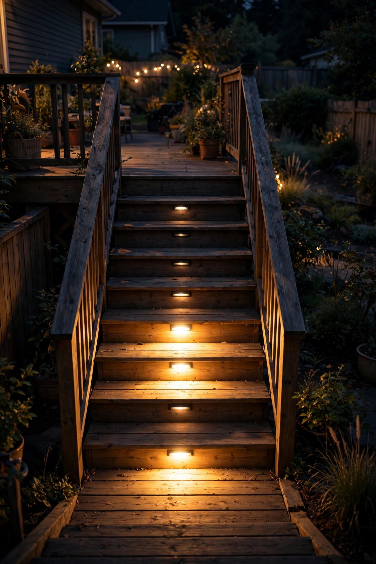 Motion-sensor deck stair lights activating as someone approaches steps