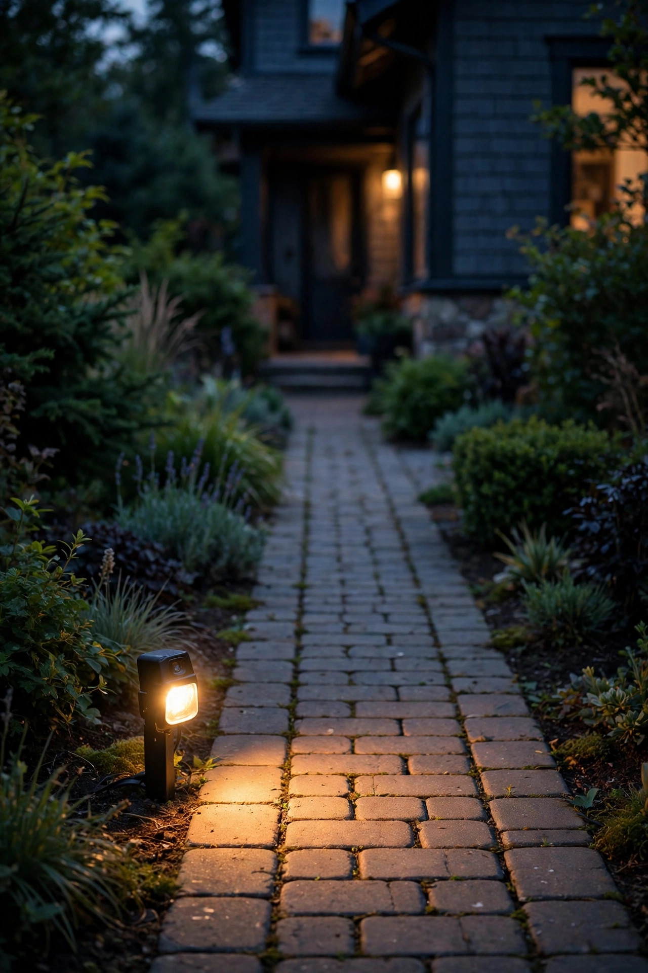 Small motion-activated spotlight glowing at the start of a narrow front path as warm light spills along the pavers