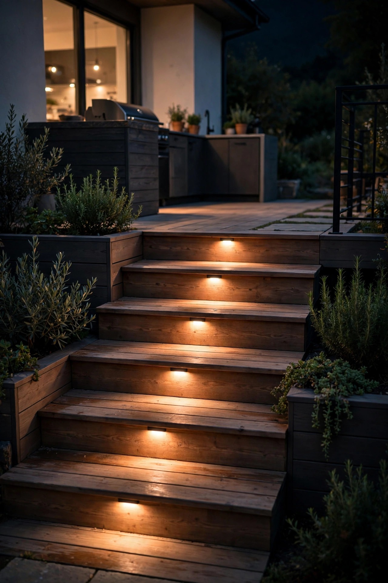 Recessed step lights glowing on outdoor deck steps at night, washing warm light across each tread up to a kitchen terrace