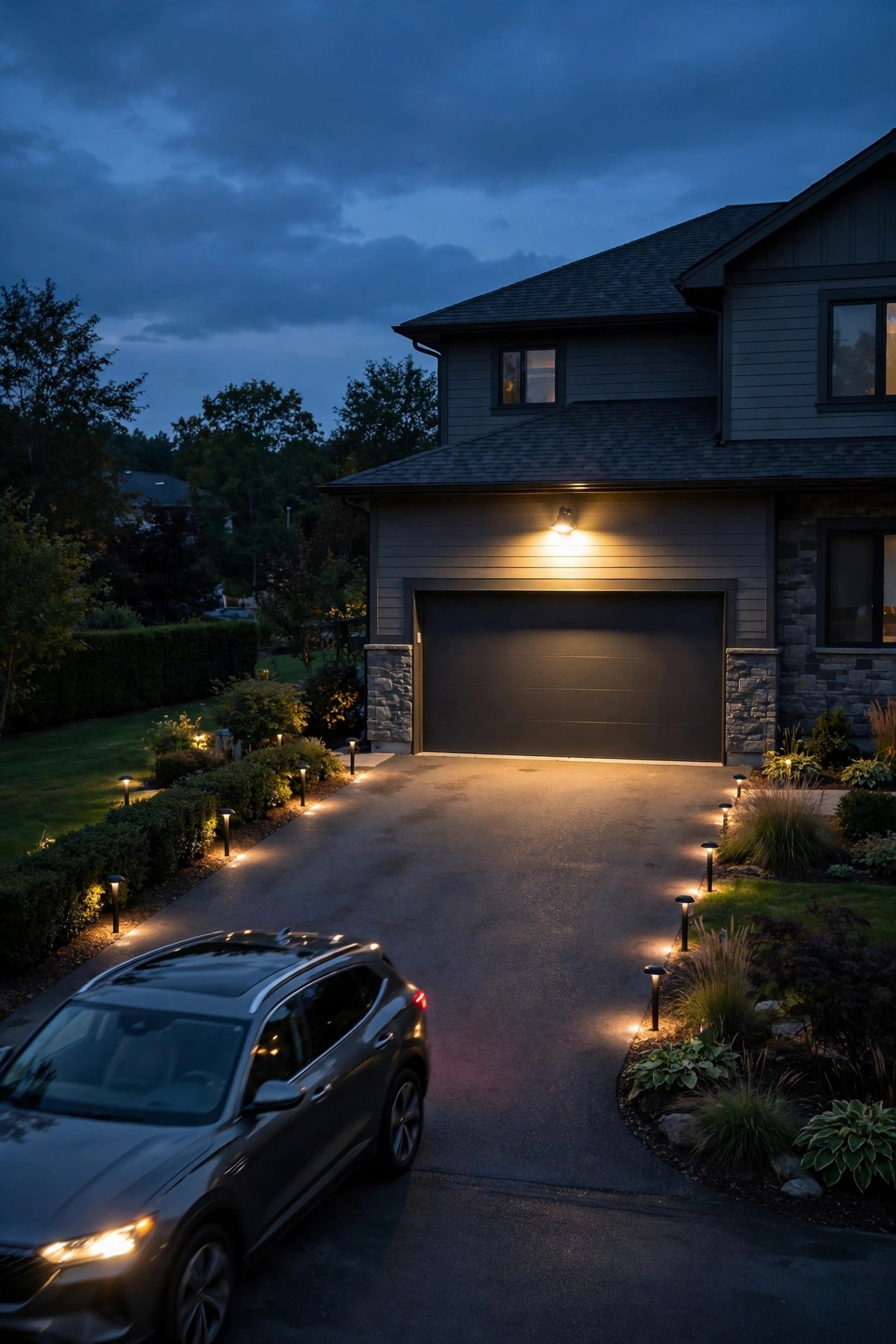 Driveway at dusk with gentle always-on edge lights and a brighter warm motion light just waking up over the garage as a car turns in, welcoming two-zone glow
