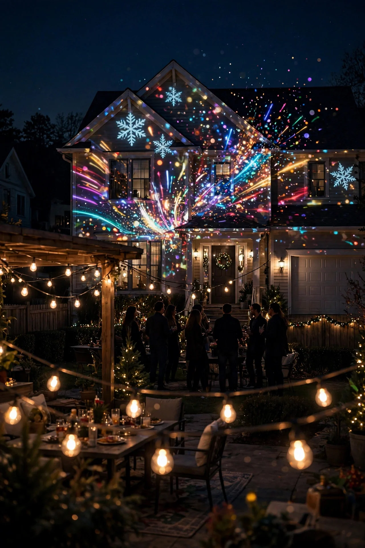 Holiday projection pulsing to music at a festive outdoor evening gathering