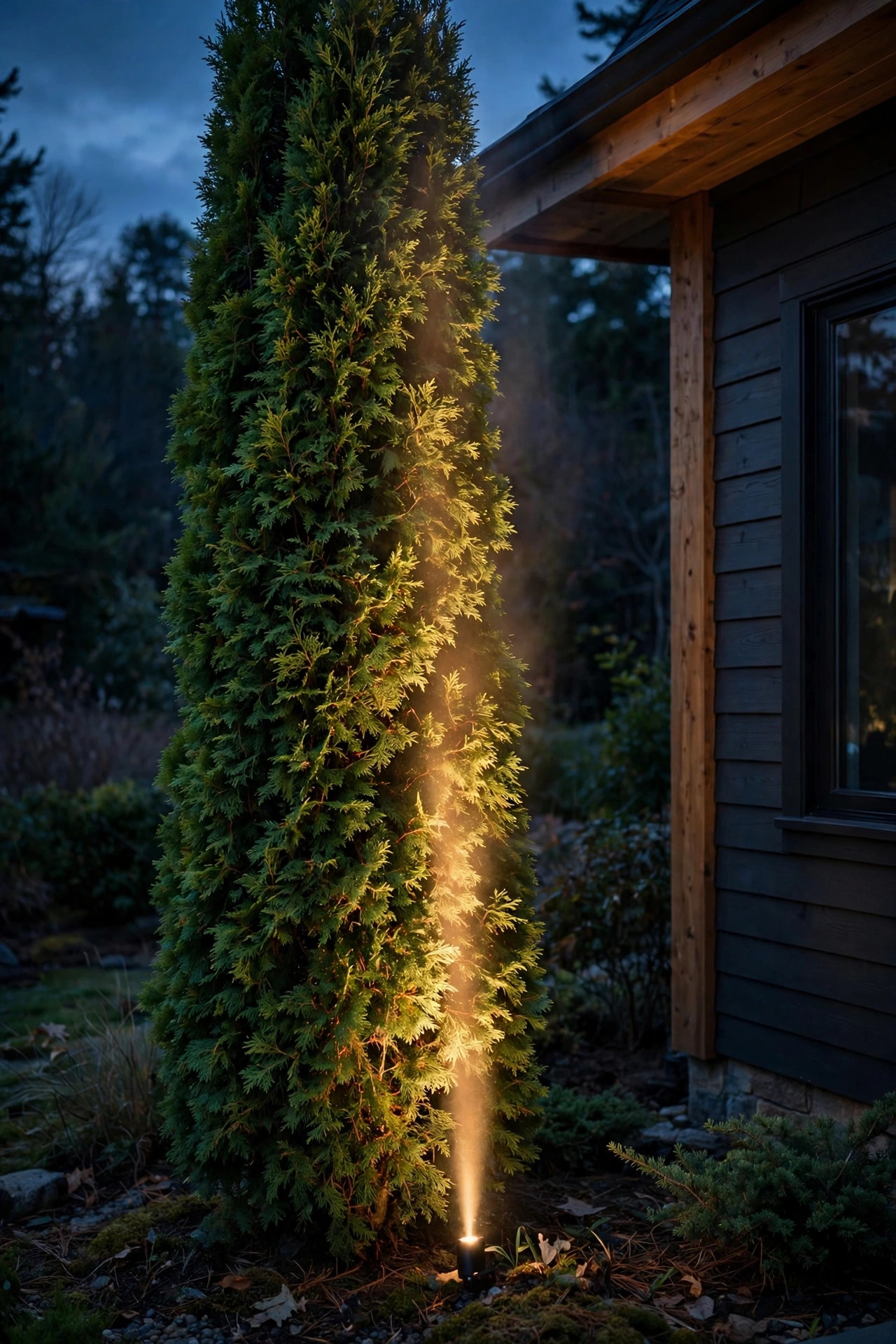 Narrow beam of warm light traveling up a tall columnar arborvitae shrub beside a house at night