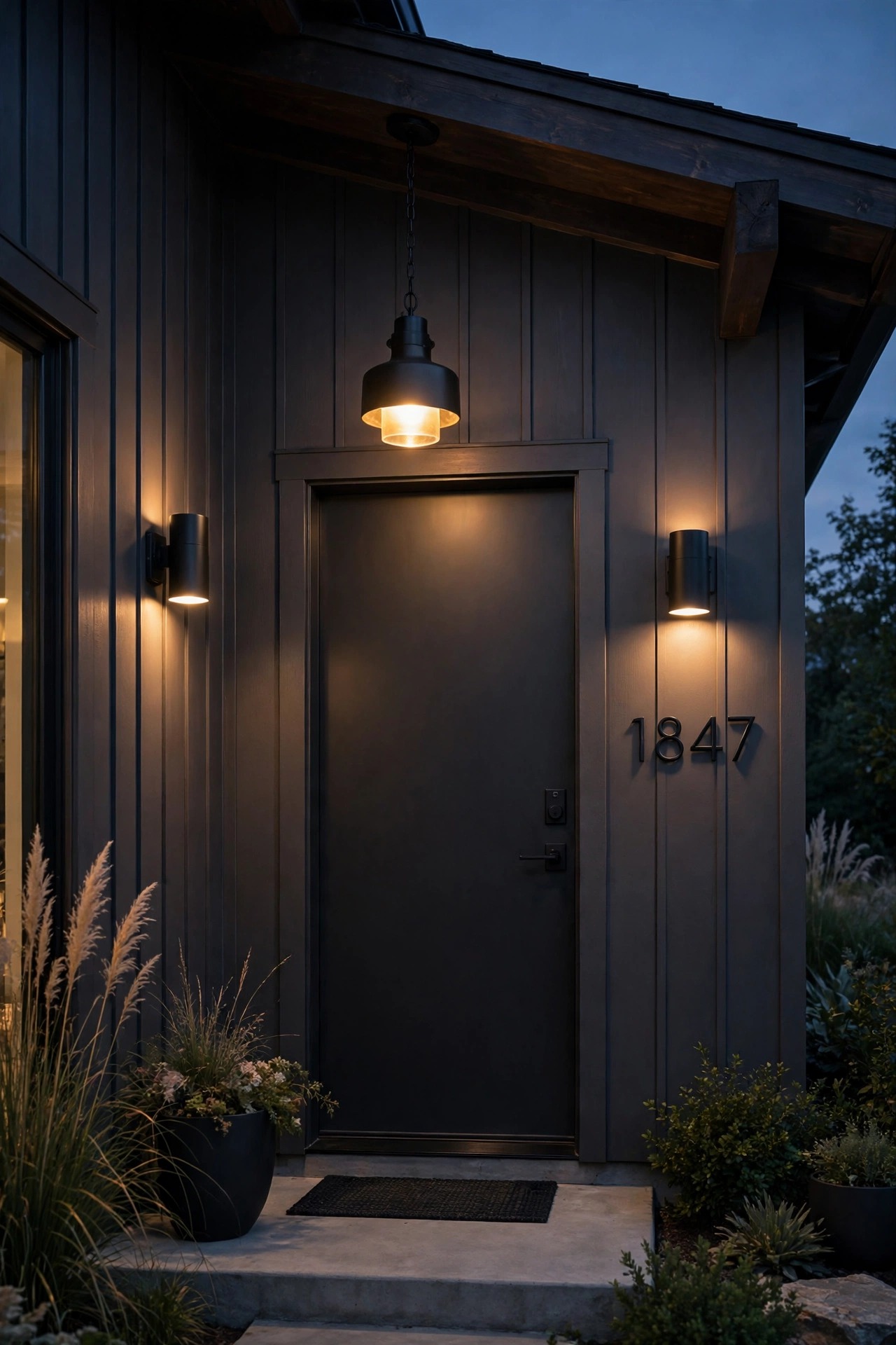 Coordinated matte black porch fixtures, pendant, sconces, house numbers and door hardware on a modern entry at dusk