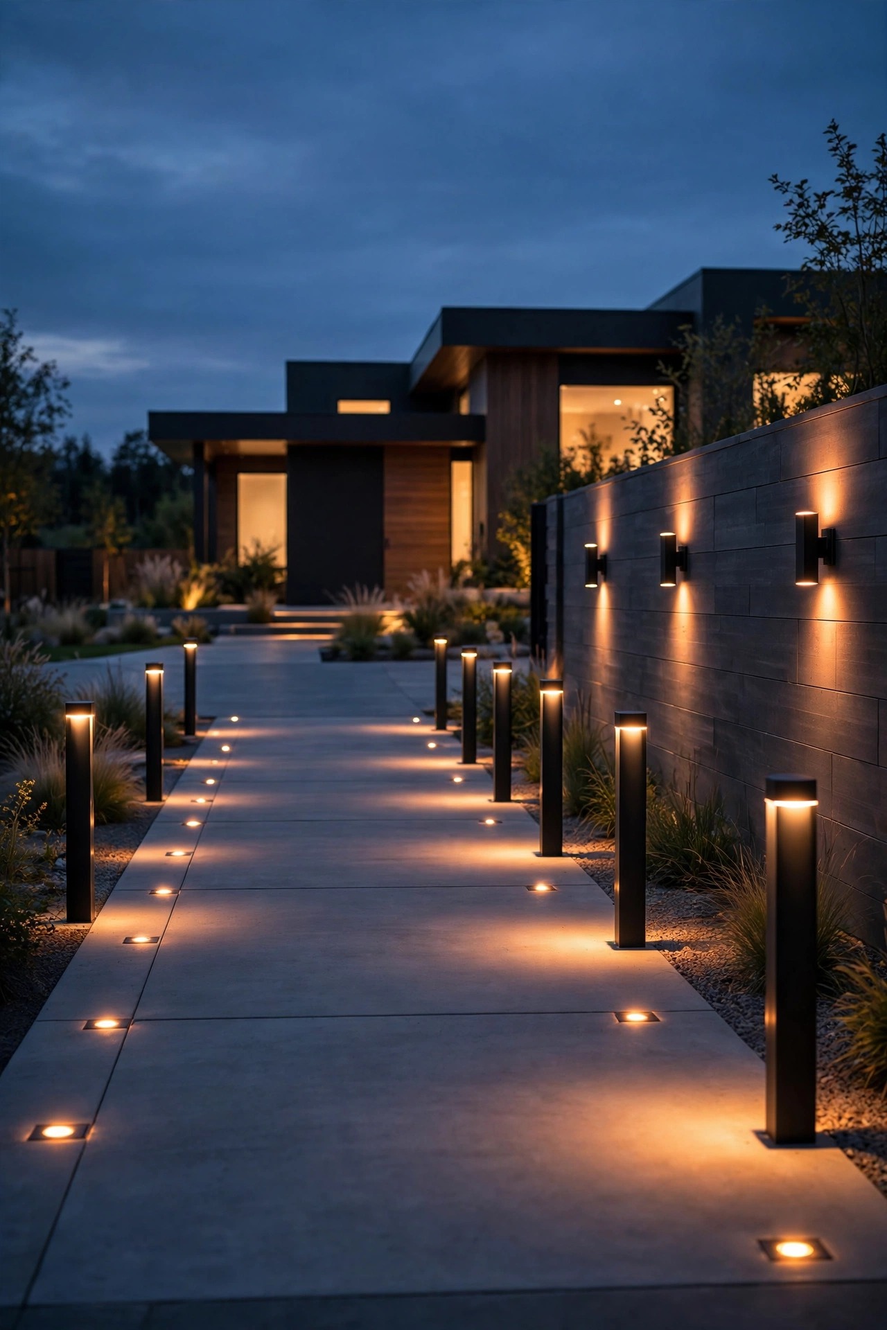 Front yard scene at dusk where every light shares the same warm 2700K glow, path door and tree all in one harmonious tone