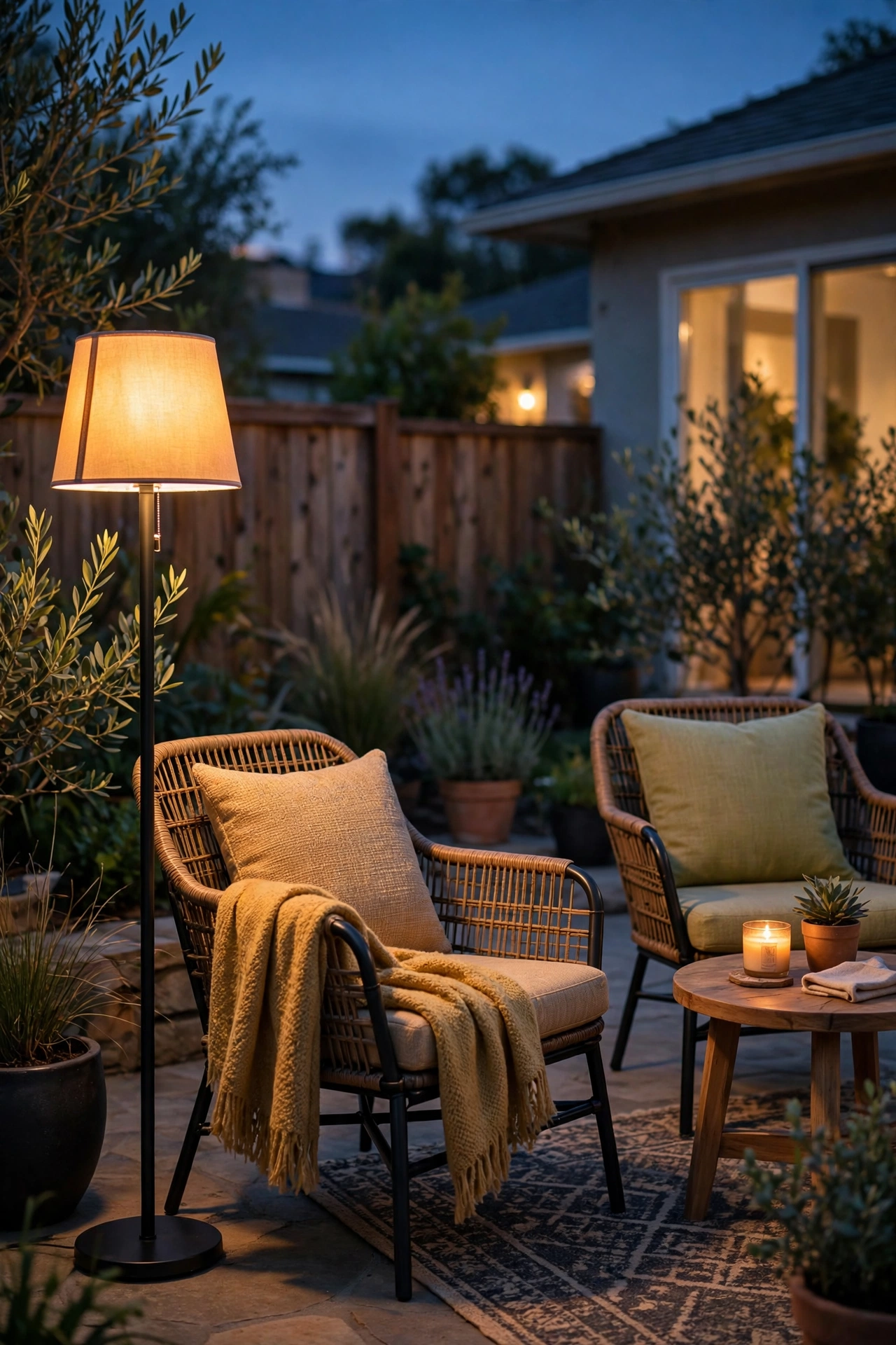 Weatherproof outdoor floor lamp beside lounge chairs creating a cozy party nook