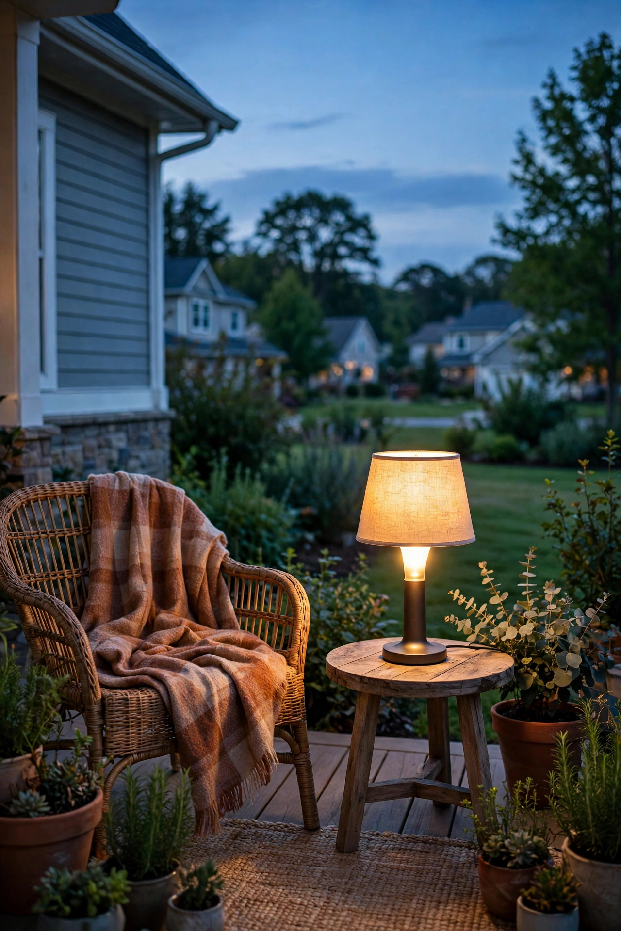 Rechargeable outdoor table lamp glowing beside a chair on an open porch with no ceiling