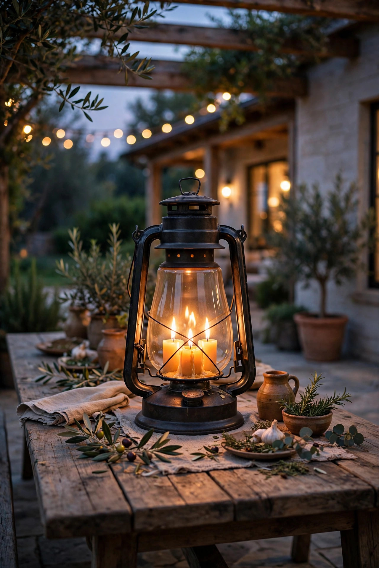 Oversized hurricane lantern with a three-wick candle anchoring the center of a long farm table