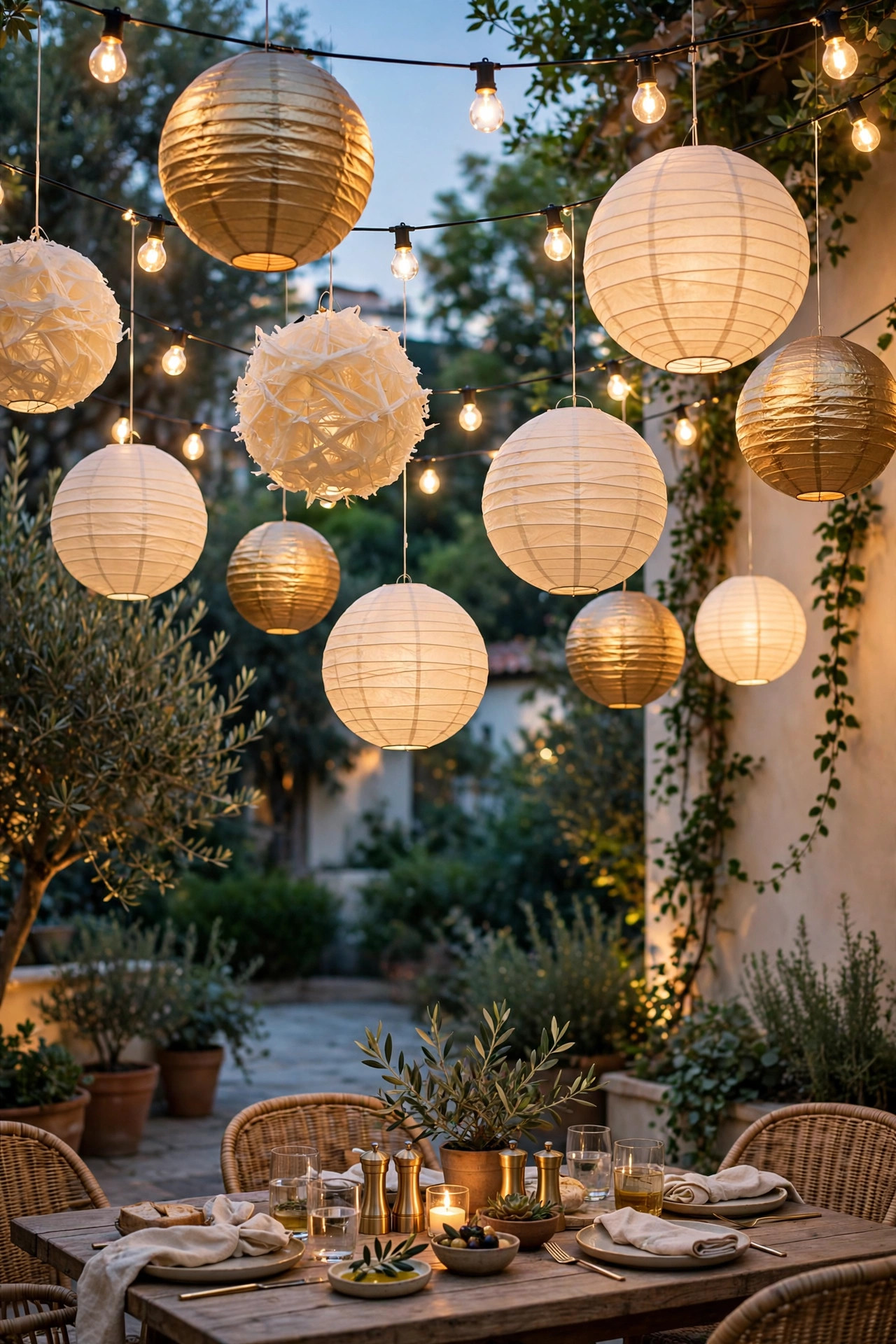 Cream and gold paper lanterns in mixed sizes hanging among string lights over an outdoor dining area at dusk