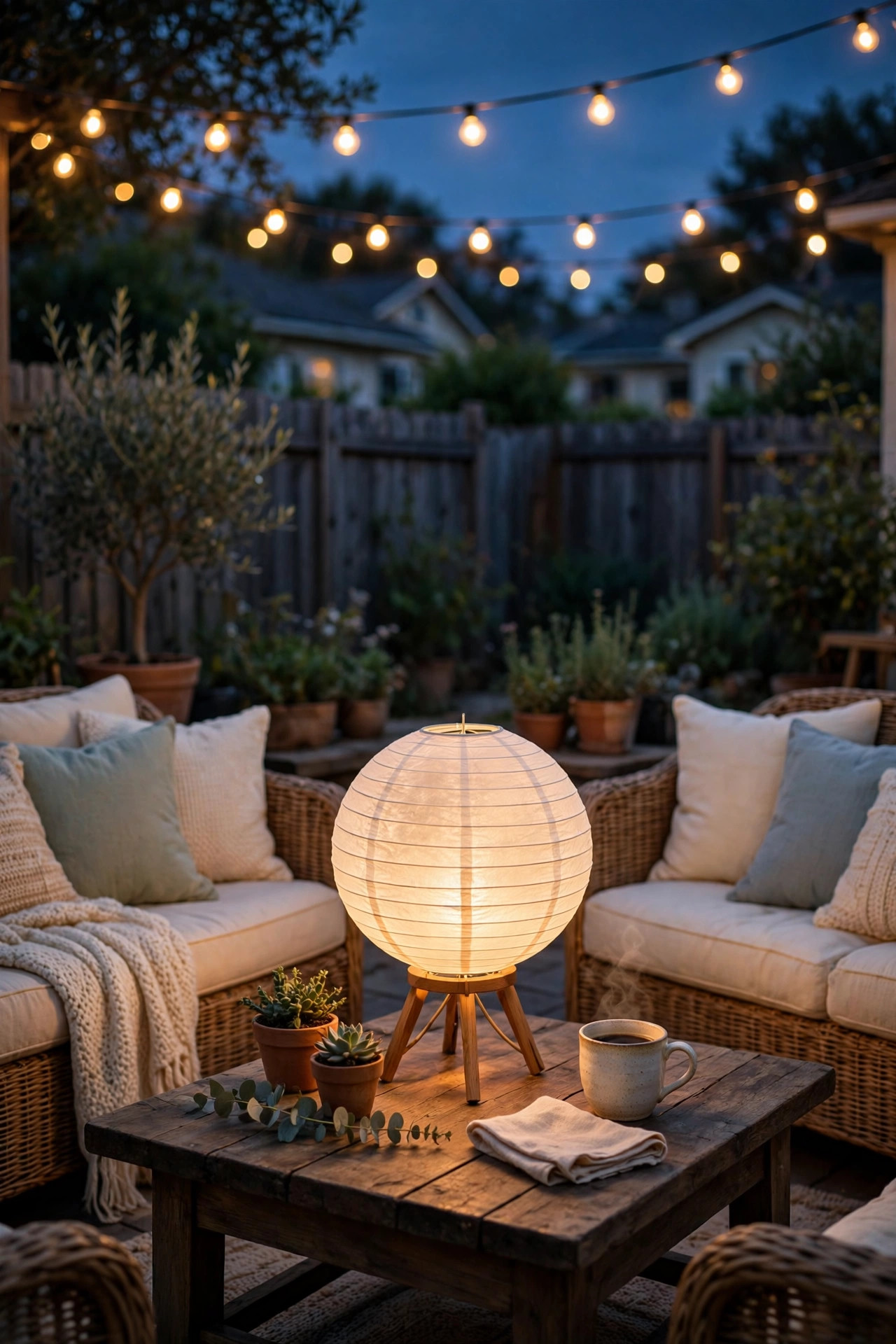Paper lantern globe outdoor table lamp glowing softly on a patio coffee table