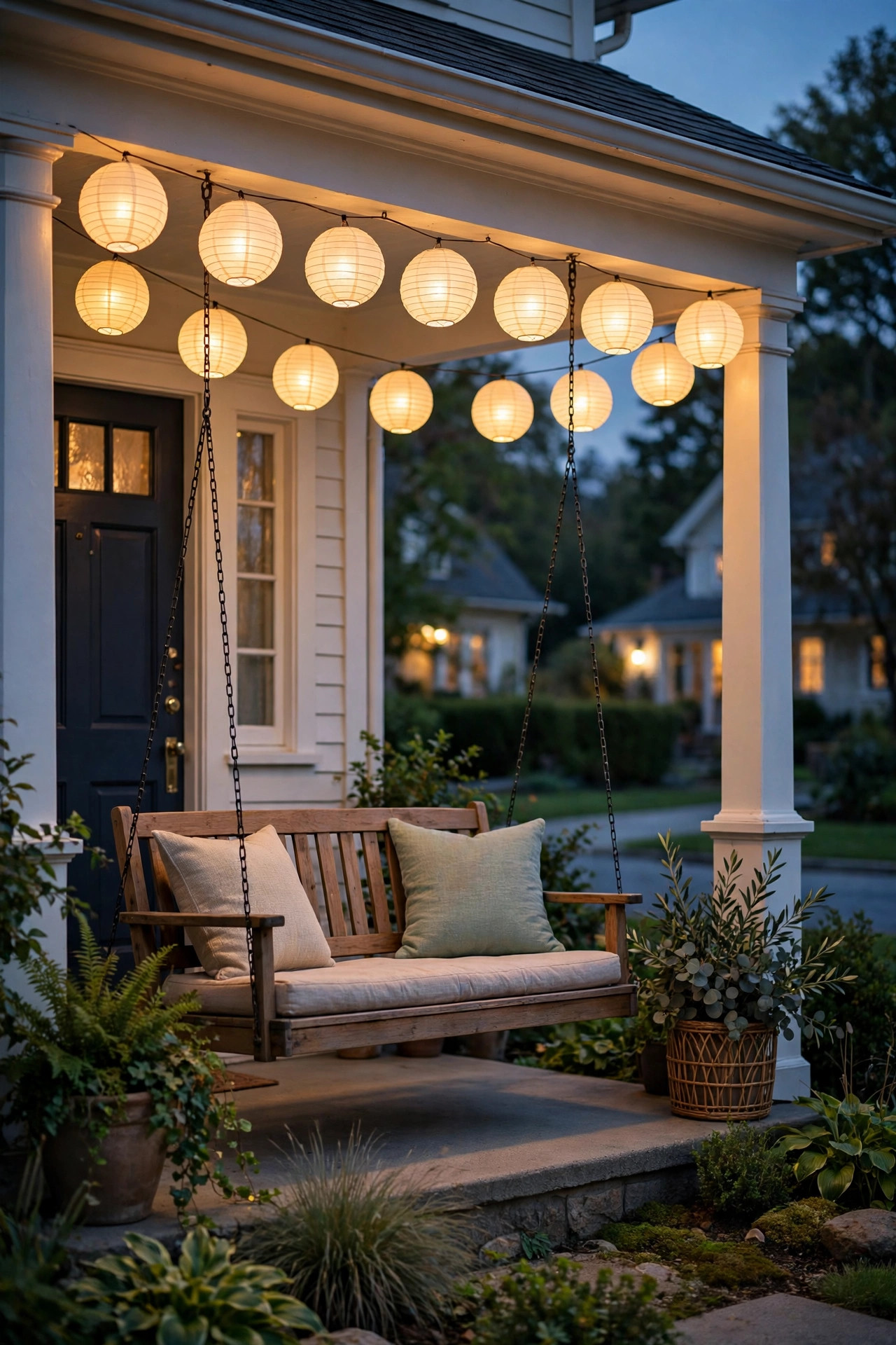 Soft white paper lanterns strung above a porch swing glowing like small moons at dusk