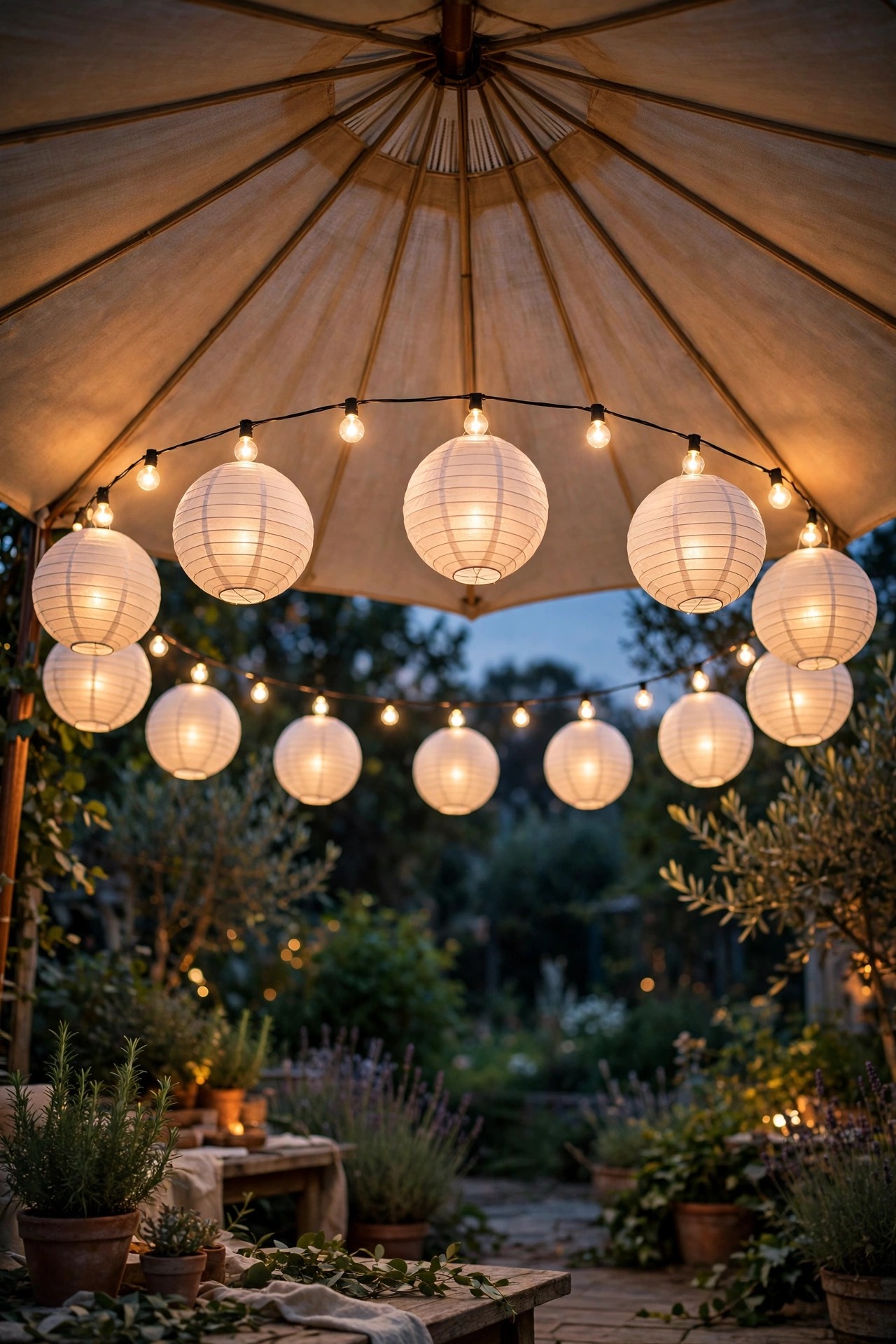 White paper lanterns with warm LED bulbs strung in a circle beneath a patio umbrella canopy for a garden party