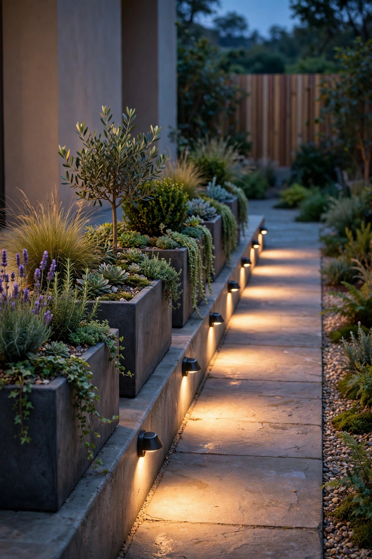 Row of patio planters along a path edge with small hooded downlights washing the walkway in warm light