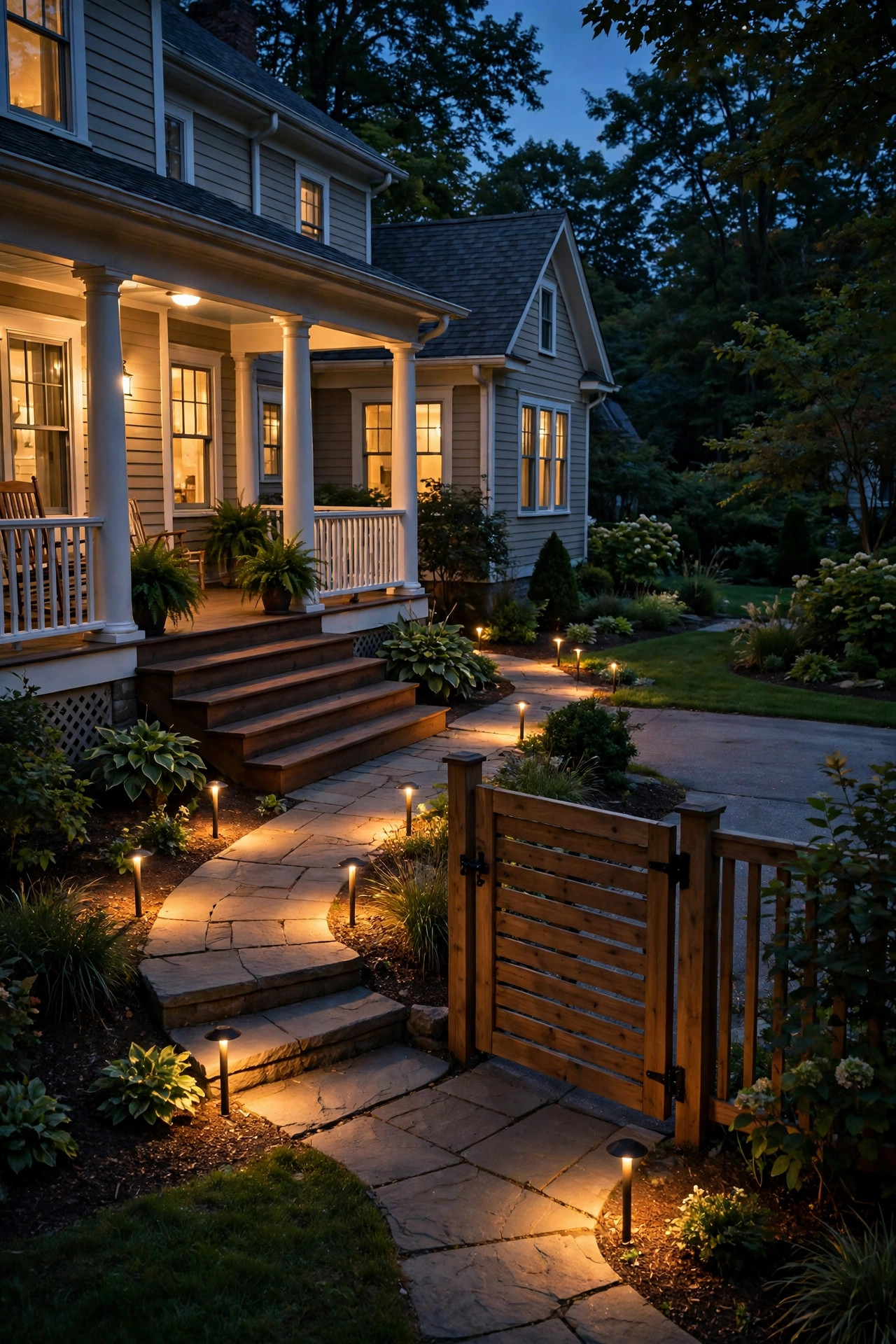 Warm path lights leading from wraparound porch steps to the side gate and driveway
