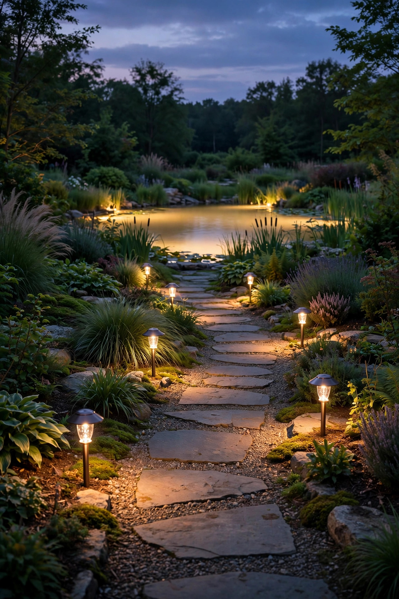 Garden path at dusk lined with warm low-voltage path lights leading toward a glowing pond in the distance