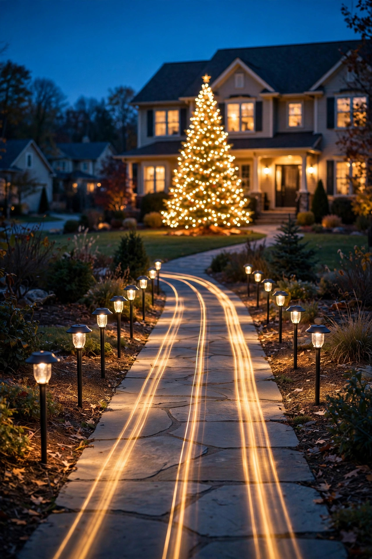 Stake path lights leading to a glowing Christmas tree in a front yard at dusk