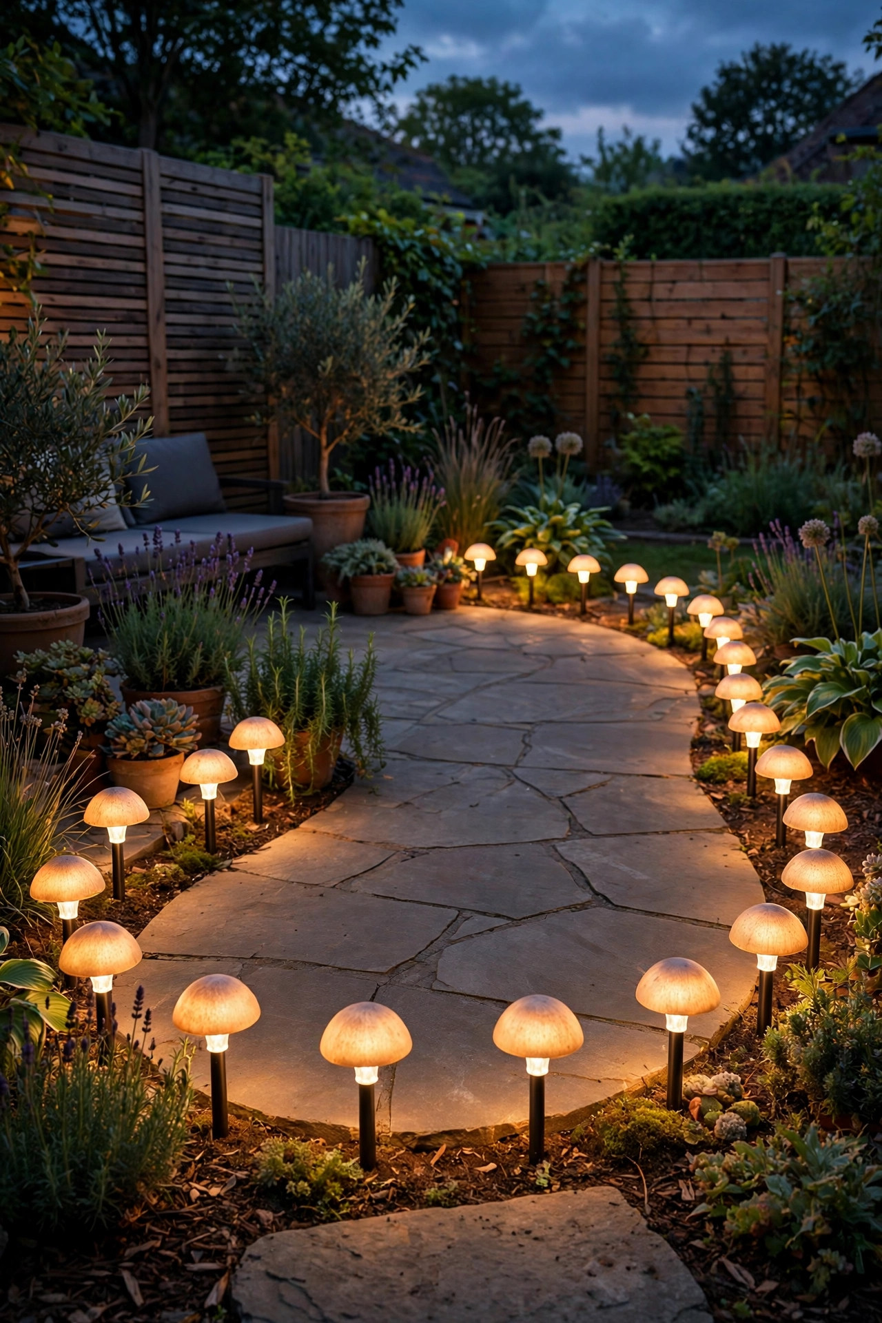 Solar mushroom path lights ringing the edge of a backyard patio at dusk