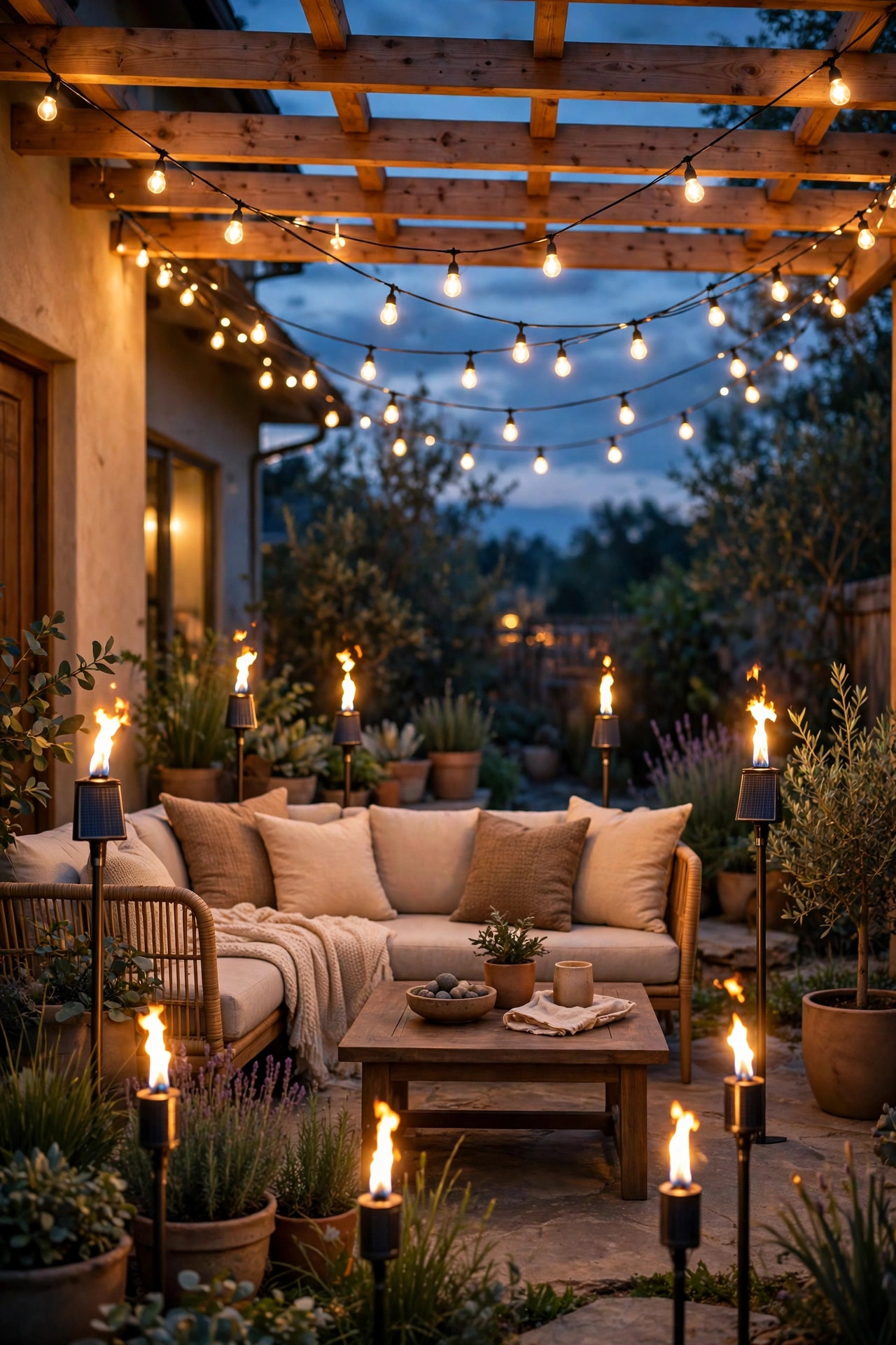 Patio at dusk with warm string lights overhead and solar flame torches flickering around the seating area