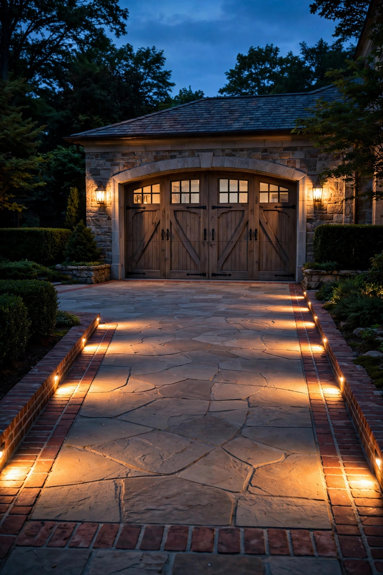 Recessed paver lights glowing in the brick border of a driveway parking court