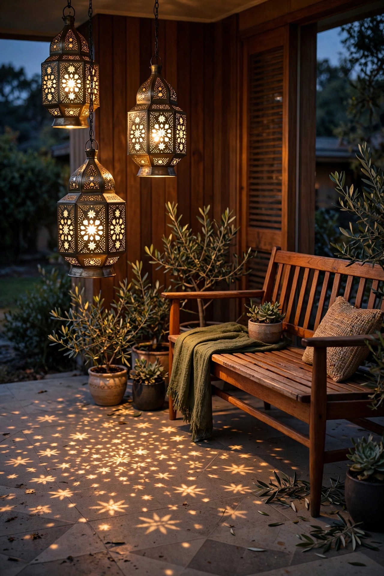 Perforated brass metal lanterns casting star patterns of warm light across a mid-century porch floor beside a teak bench at dusk