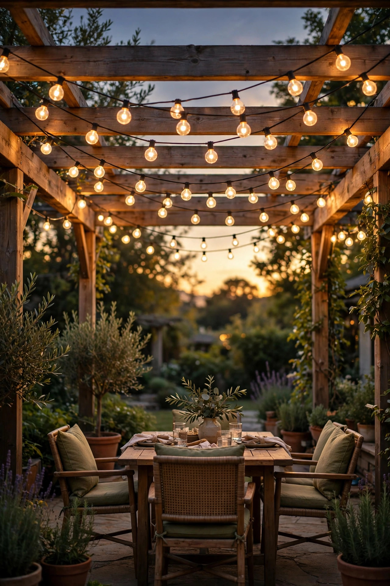 Pergola at golden hour draped with warm globe string lights across the beams above outdoor seating