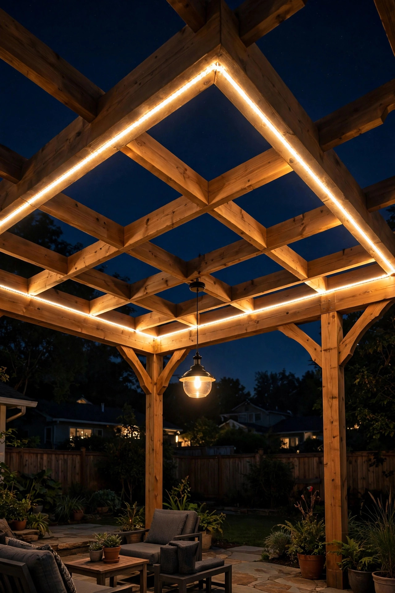 Wooden pergola at night with rope light tracing the inside edge of the roof beams