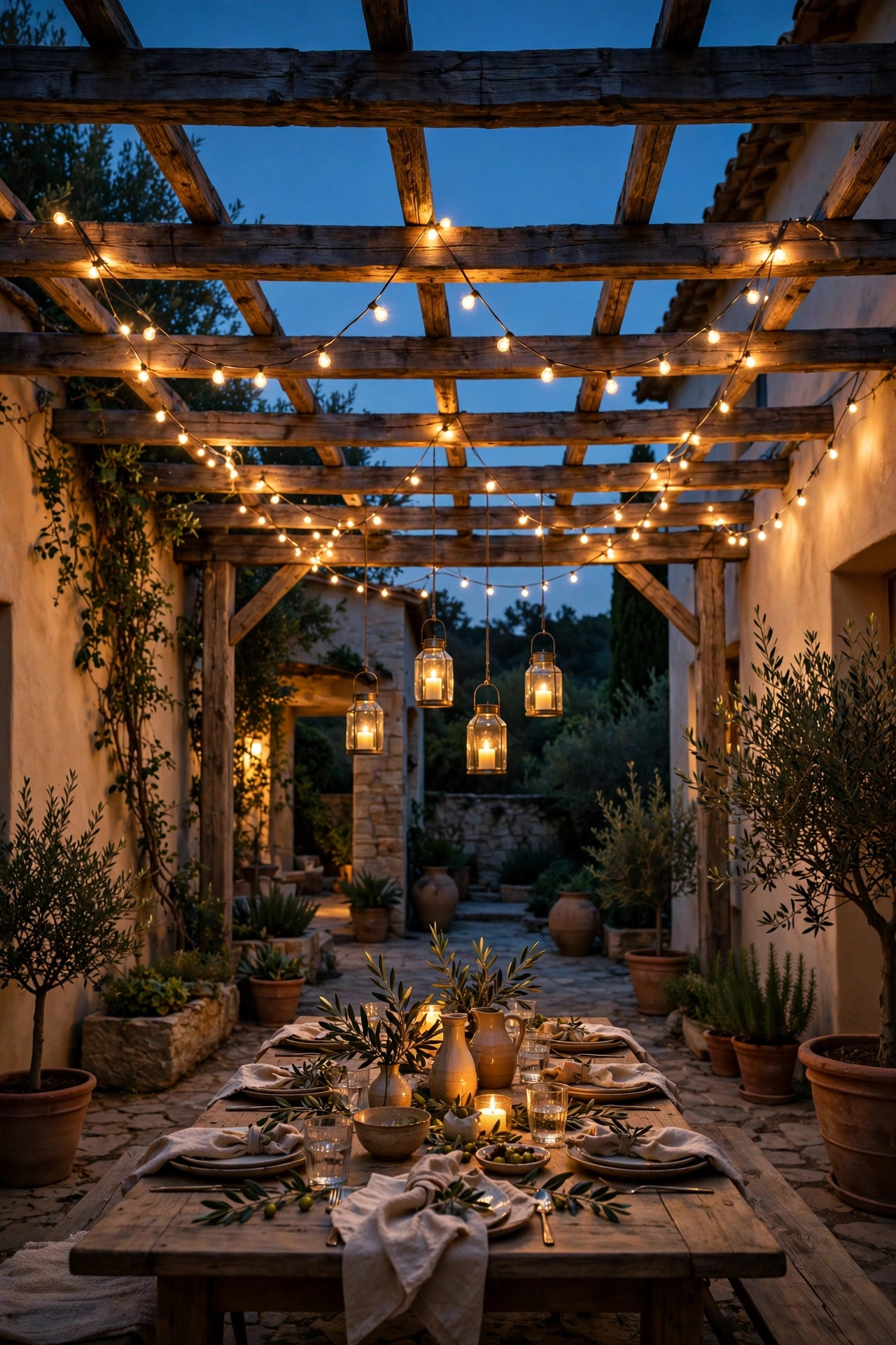 Courtyard pergola at dusk with string lights wrapped across the beams and glowing lanterns over a gathering table