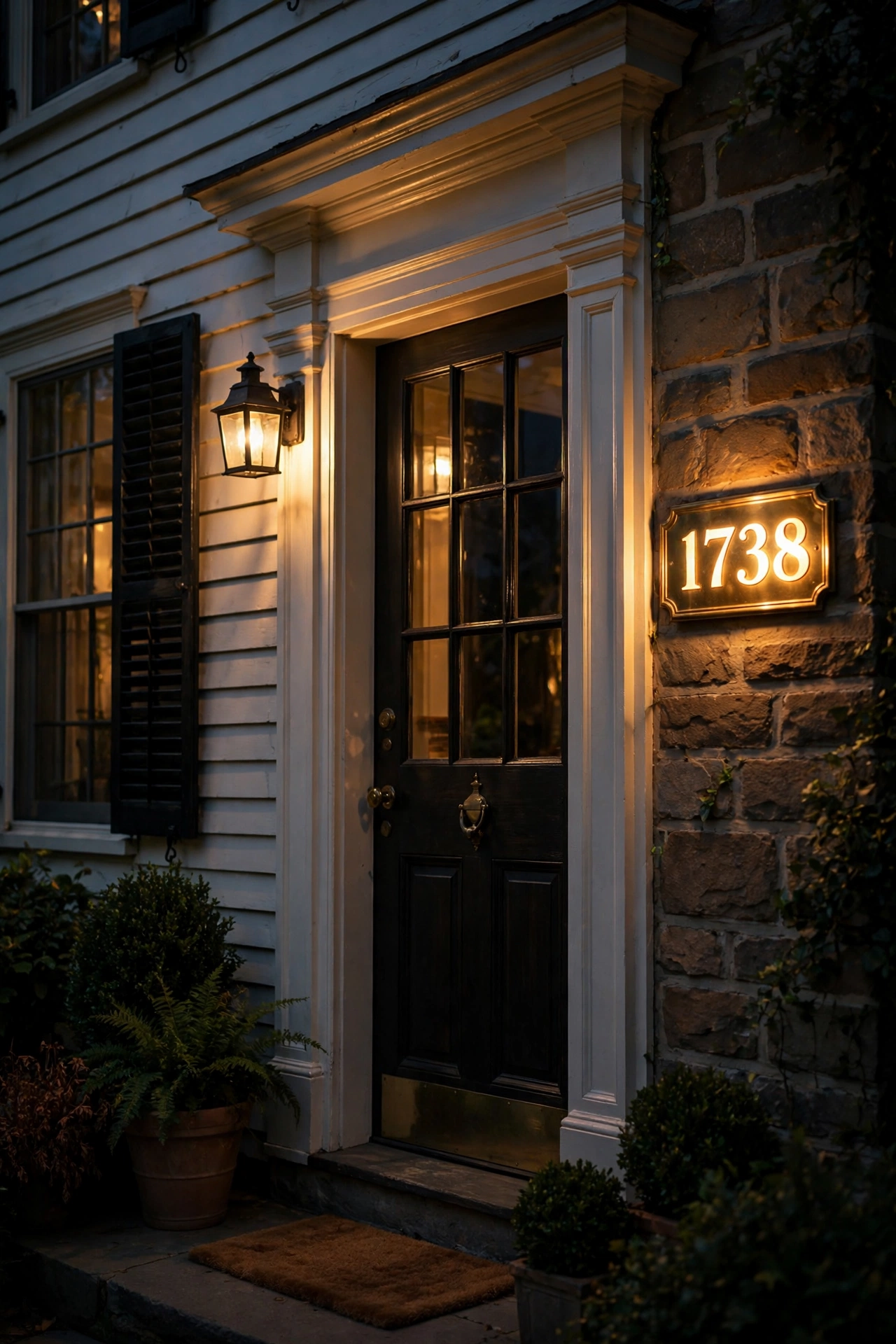 Illuminated brass house number plaque glowing beside a colonial front door at night